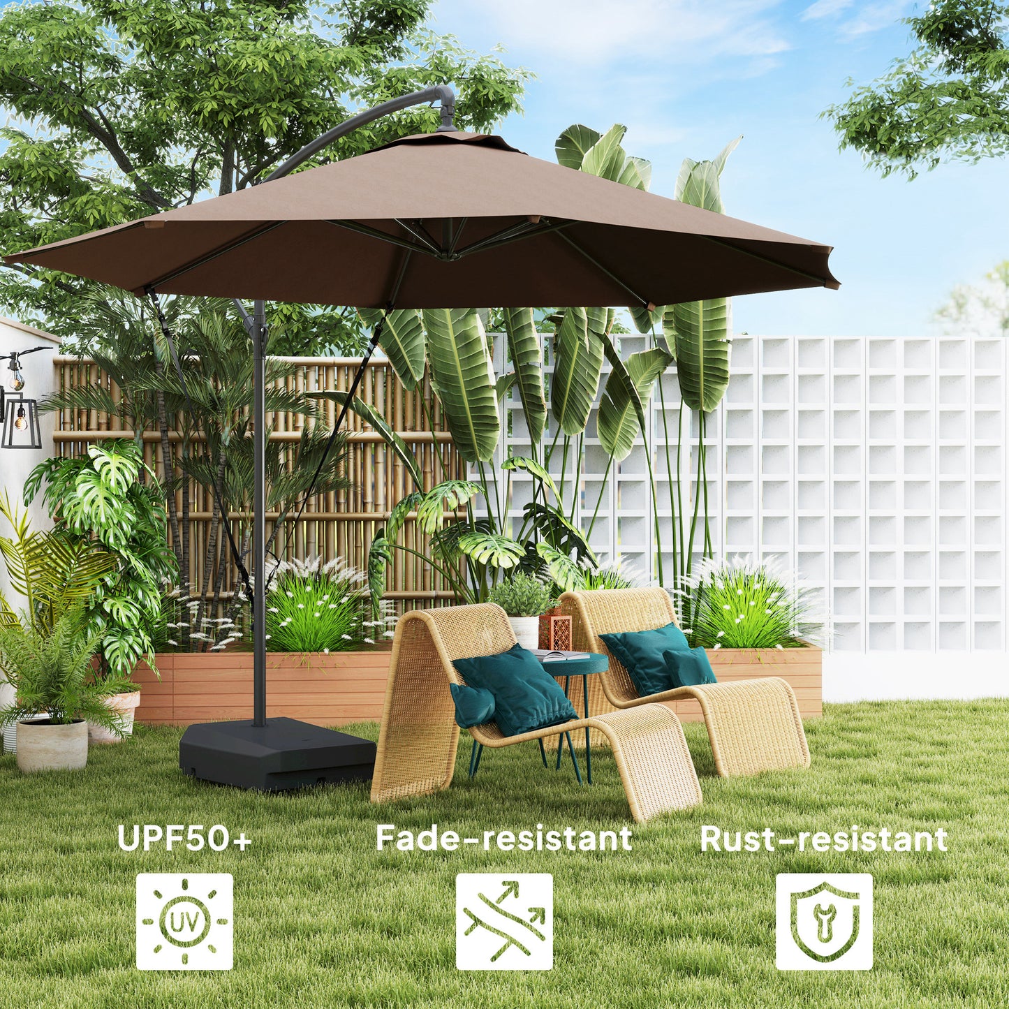 Outsunny Garden Cantilever Parasol with Base, Strap, Cover, Crank Handle, Tilt, UPF50+, Patio Umbrella for Sun Shade, Brown