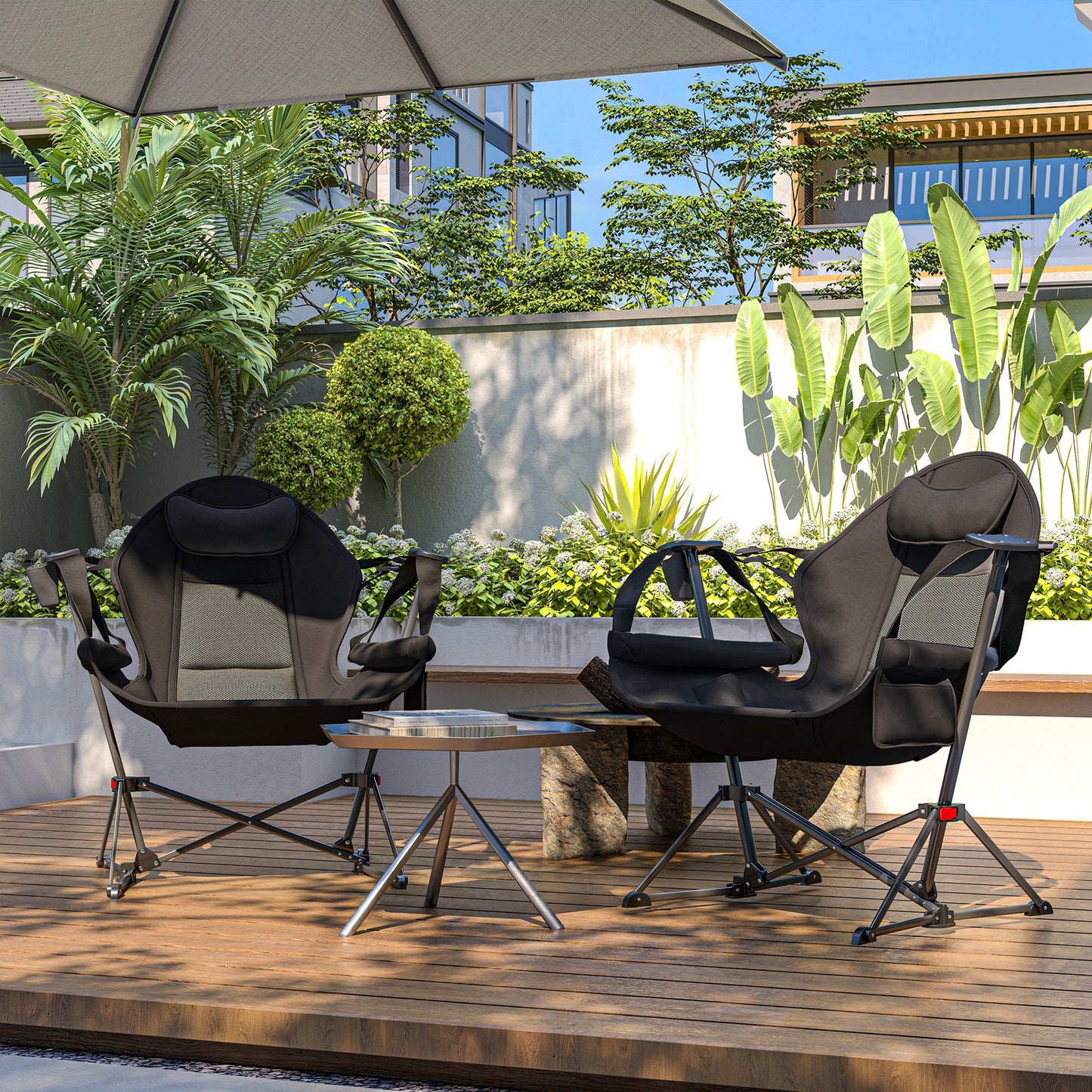 Outsunny Set of 2 Camping Chairs, Adjustable Swinging Chair with Cup Holder, Headrest & Carry Bag, Black