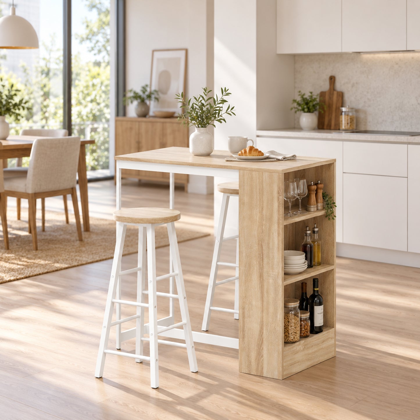 HOMCOM Breakfast Bar Table and Stools Set with 3 Tier Storage Shelves, Footrest and Metal Frame, 91 cm, Oak