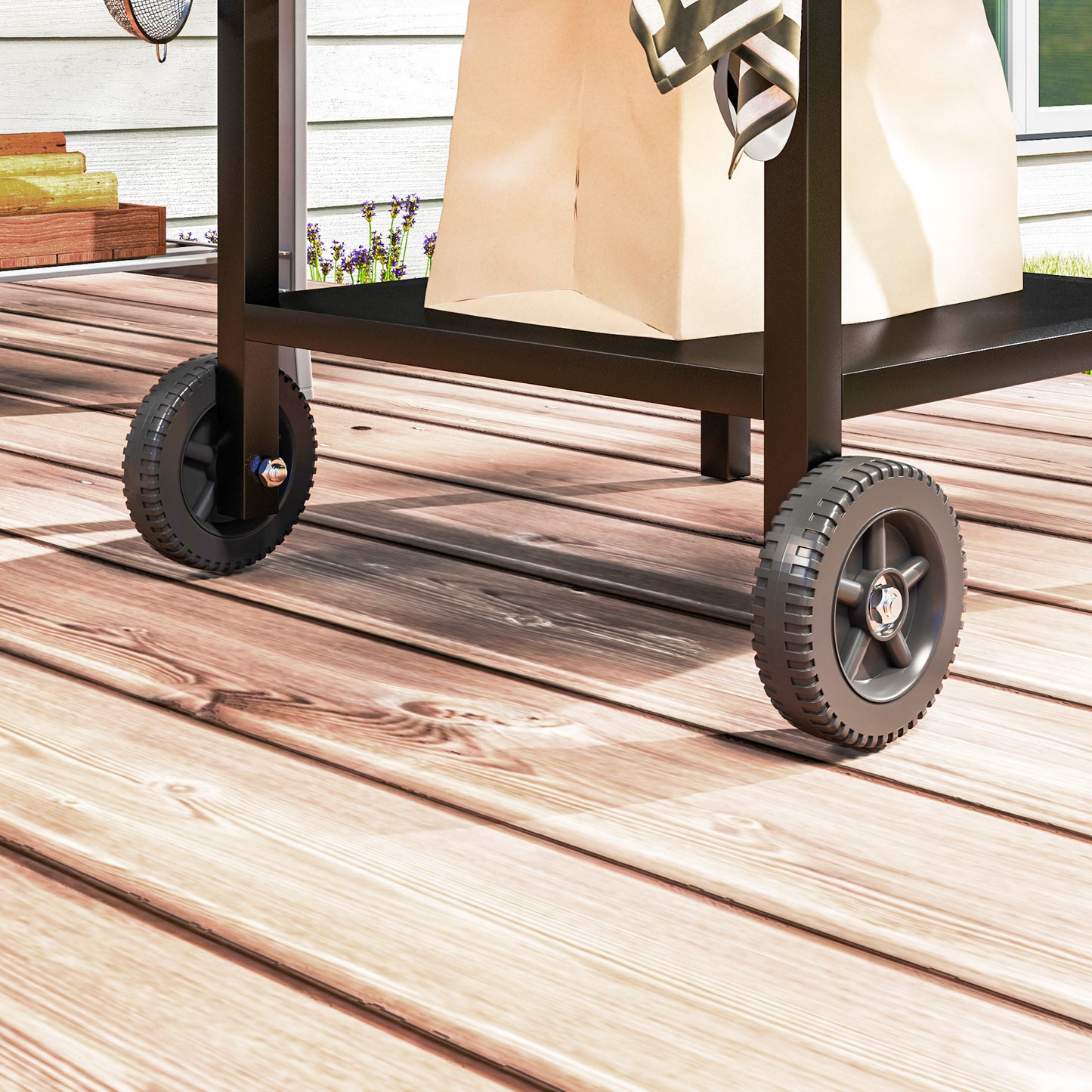 Outsunny BBQ Trolley with Stainless Steel Top, Foldable Side Table, Hooks, Shelf, Pizza Oven Table, Movable Grill Cart with Cover, Black