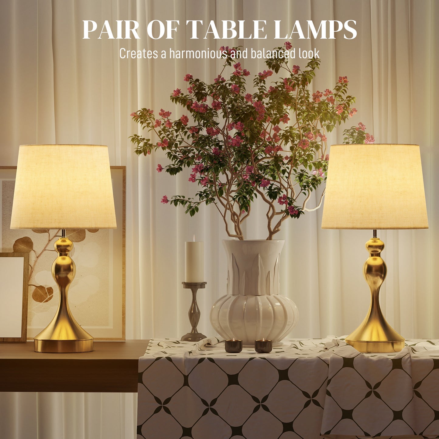 HOMCOM Bedside Lamps Set of 2, Modern Table Lamps with USB A+C Ports, 3 Colour Temps, Linen Shade for Living Room Bedroom Office, Gold Tone