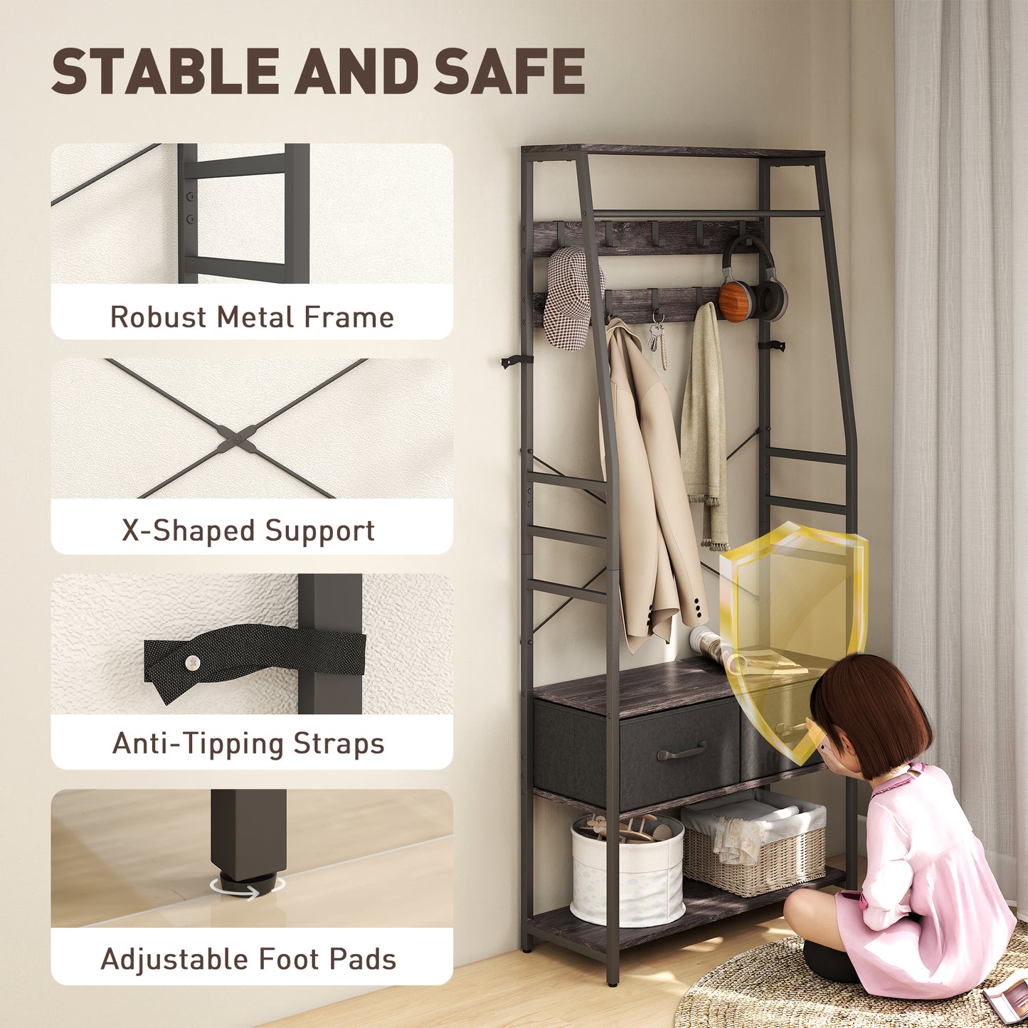 HOMCOM Coat Rack with Shoe Storage, Industrial Hall Tree with Bench, 10 Hooks, 2 Fabric Drawers, Clothes Rail for Entryway, Grey