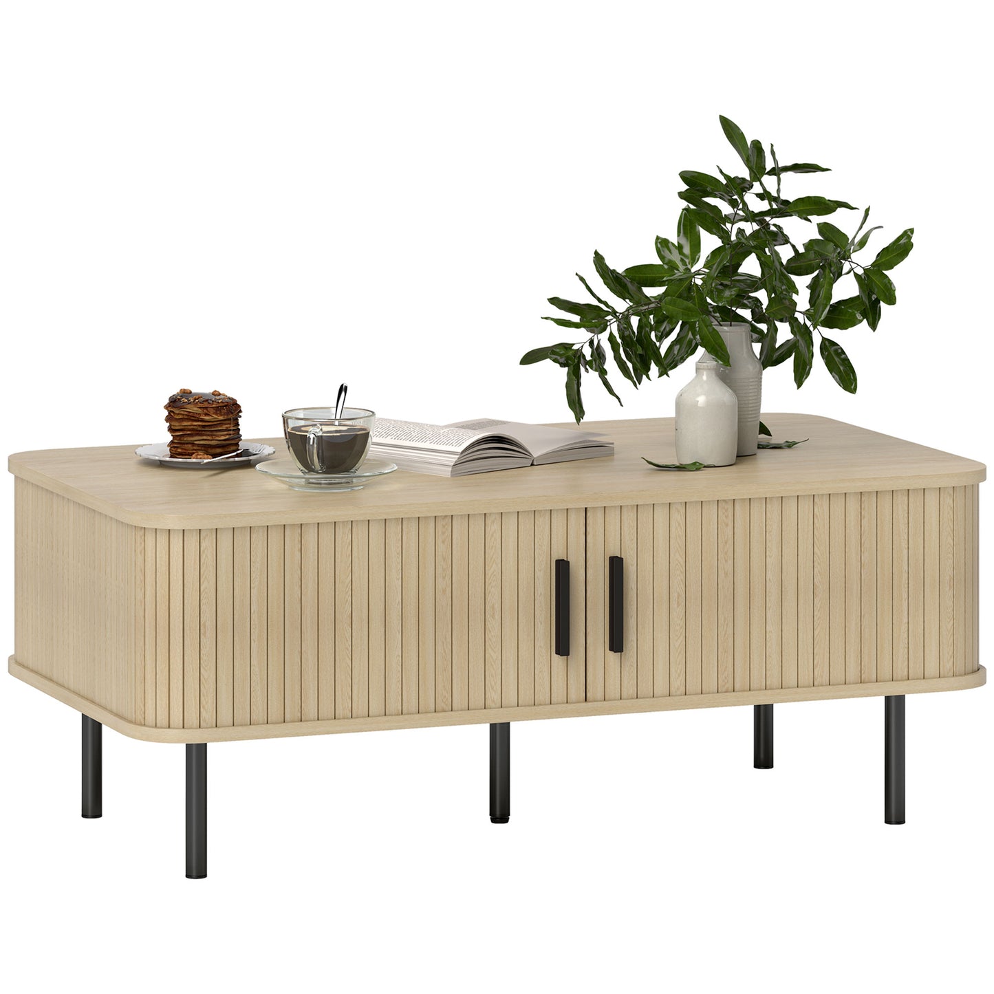 HOMCOM Coffee Table with Storage, Living Room Table with Slatted Tambour Sliding Doors and Foot Pads
