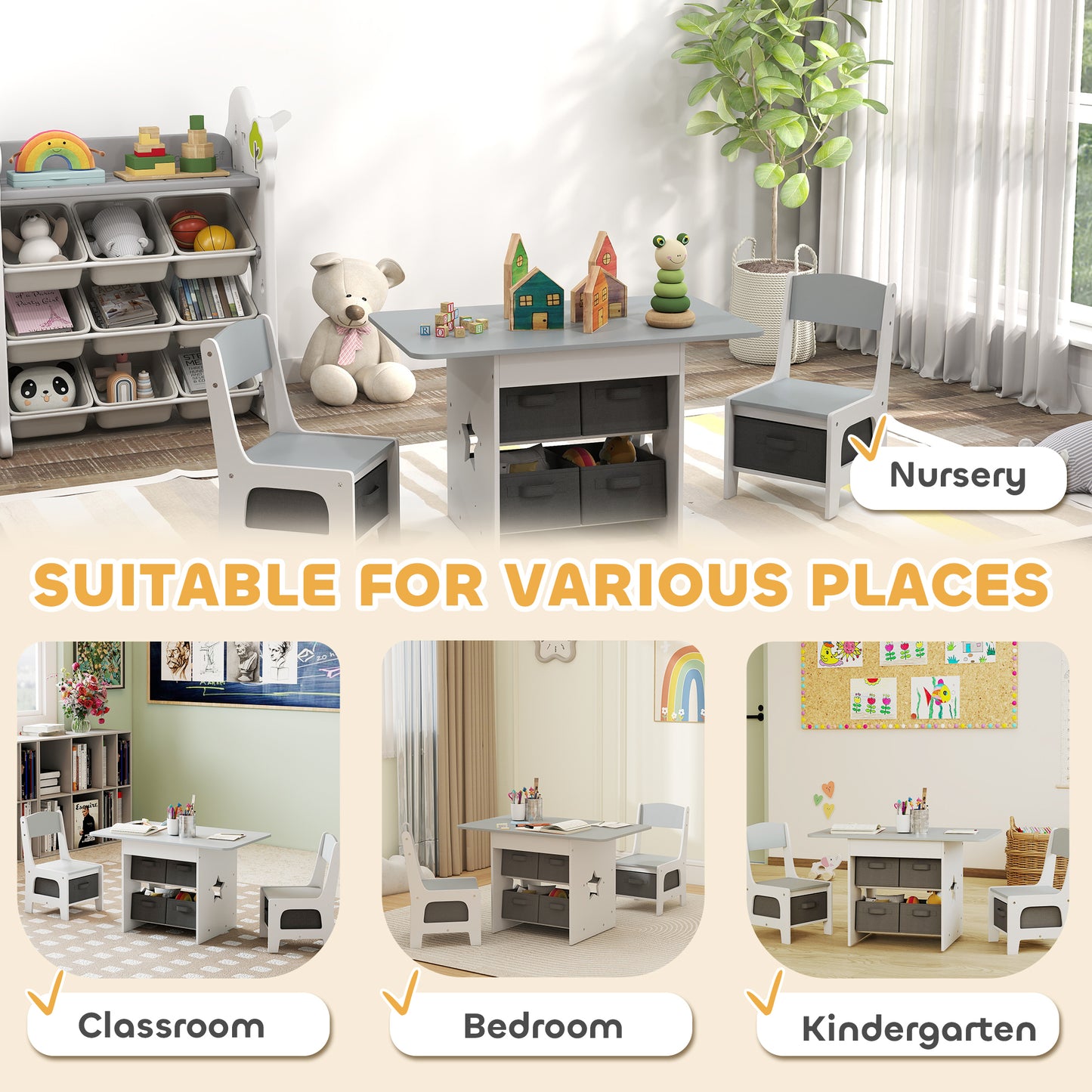 AIYAPLAY Kids Table and Chair Set, Toddler Table and 2 Chairs Set with 6 Removable Drawers, for Boys Girls Ages 3-8, Light Grey