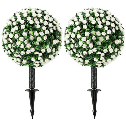 HOMCOM Artificial Rose Topiary UV Resistant, 2-Pack Fake Plants, 55 cm, White
