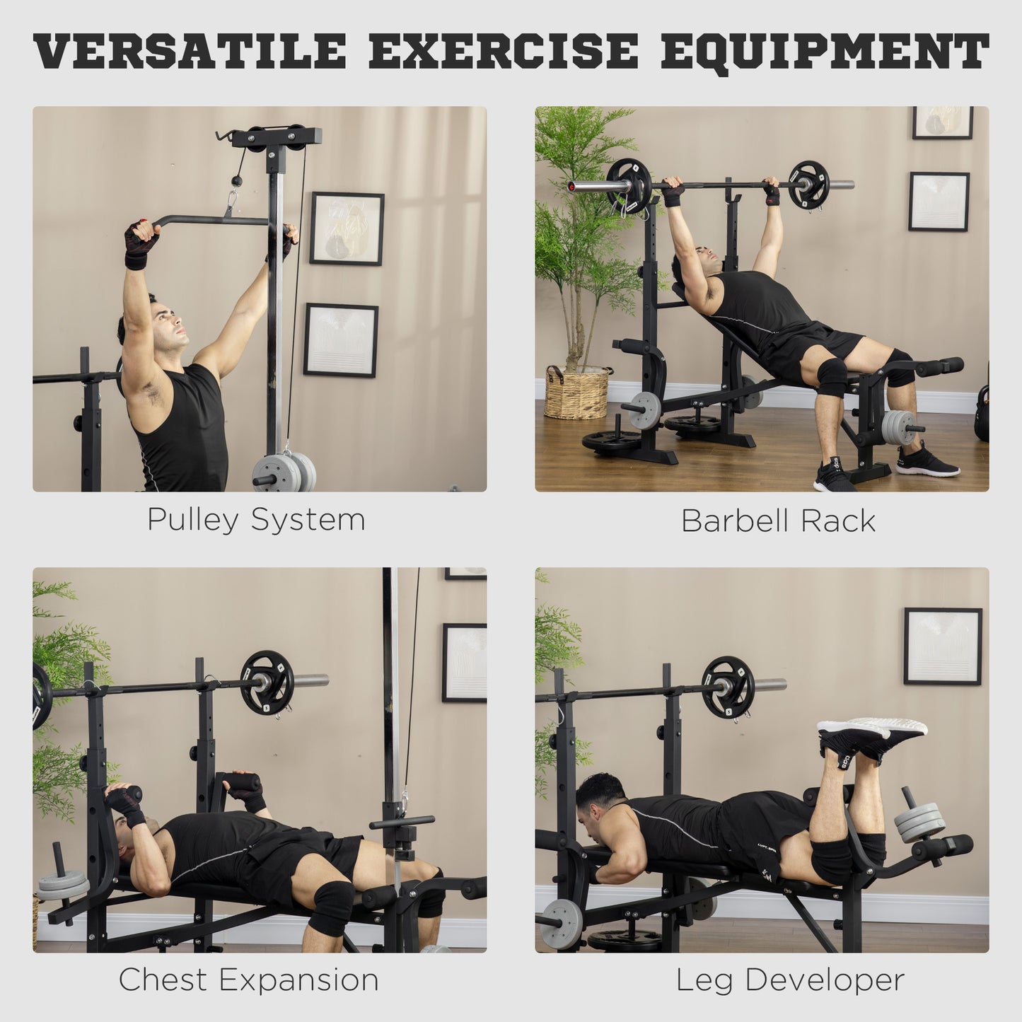 HOMCOM Adjustable Weight Bench with Pulley System, Squat Rack, Leg Developer, Butterfly, Weight Storage for Home Gym Workout, Black.