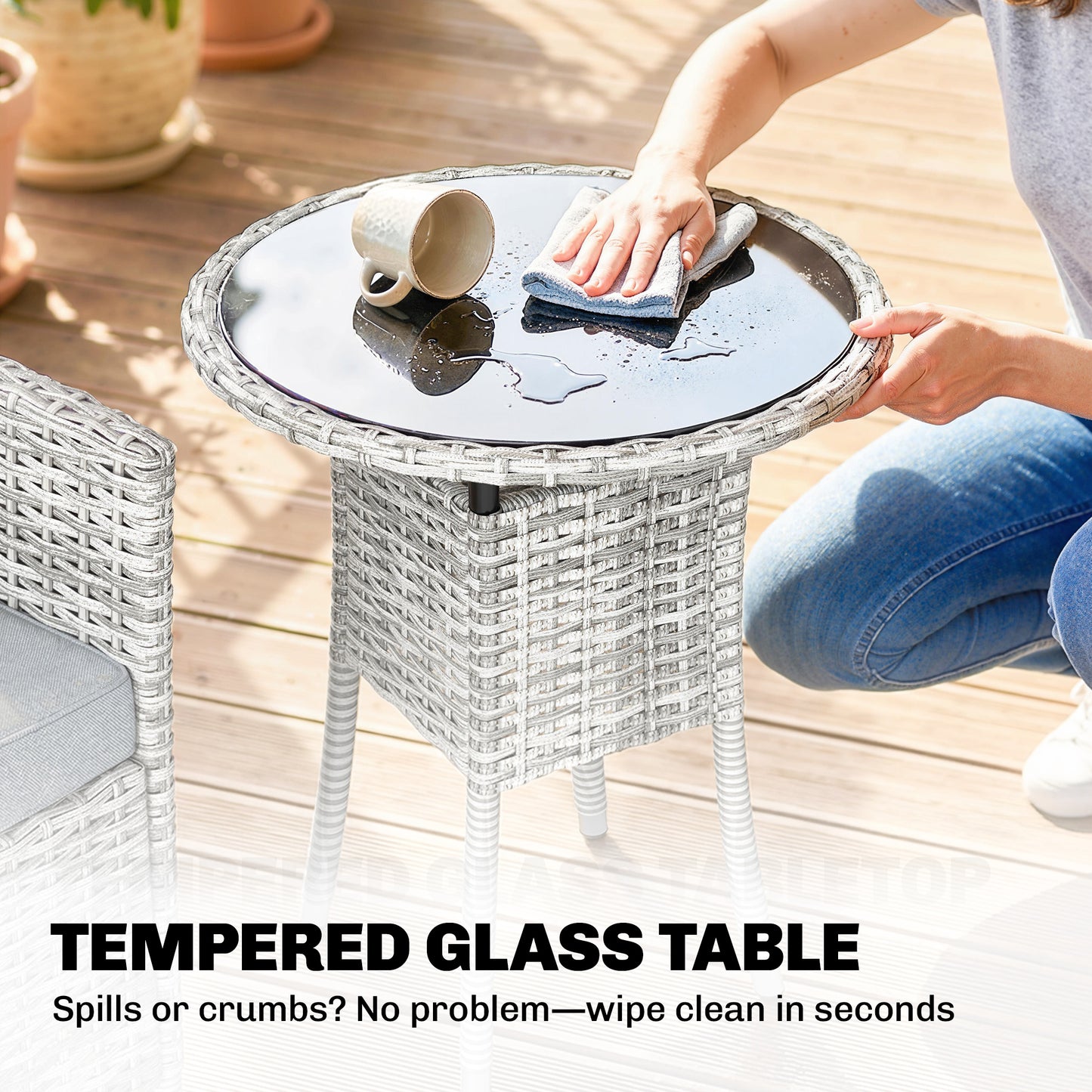 Outsunny Rattan Bistro Set, Reclining Garden Chairs and Glass Coffee Table with Cushions for Patio Balcony Porch, Light Grey