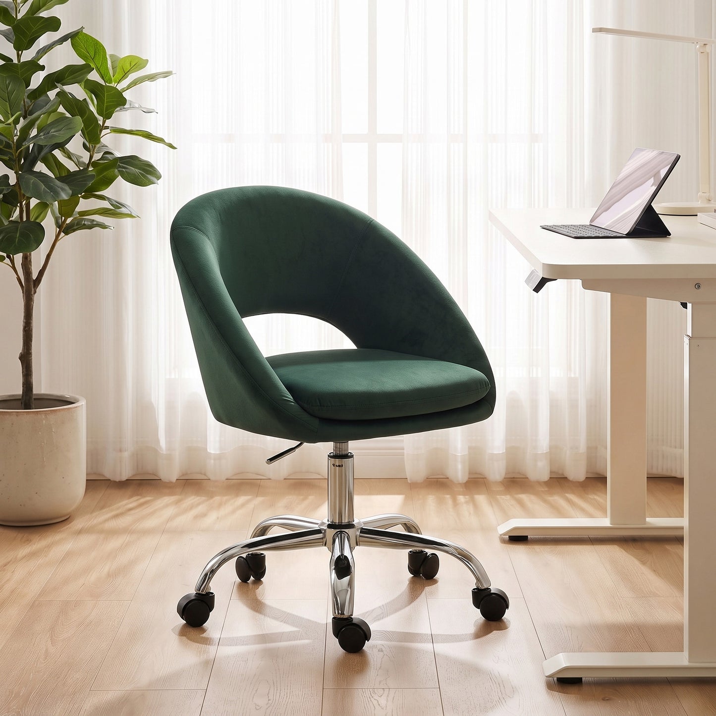 HOMCOM Velvet Desk Chair, Modern Office Chair with Height-Adjustable, Wheels, for Home Study Bedroom, Dark Green