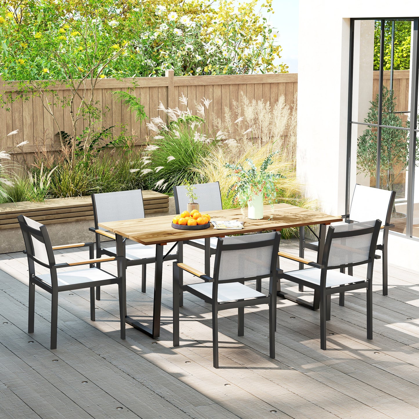 Outsunny Patio Table, 175x80cm Rectangle, Slatted Top, Parasol Hole, Weather-Resistant Fir Wood for Balcony/Terrace, Brown