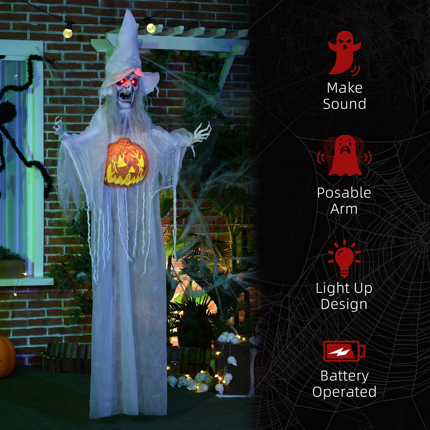 HOMCOM 6ft Outdoor Halloween Decoration Witch, Life-Size Sound & Motion Activated Skeleton Witch Prop with Light-Up Eyes, Posable Arms, White