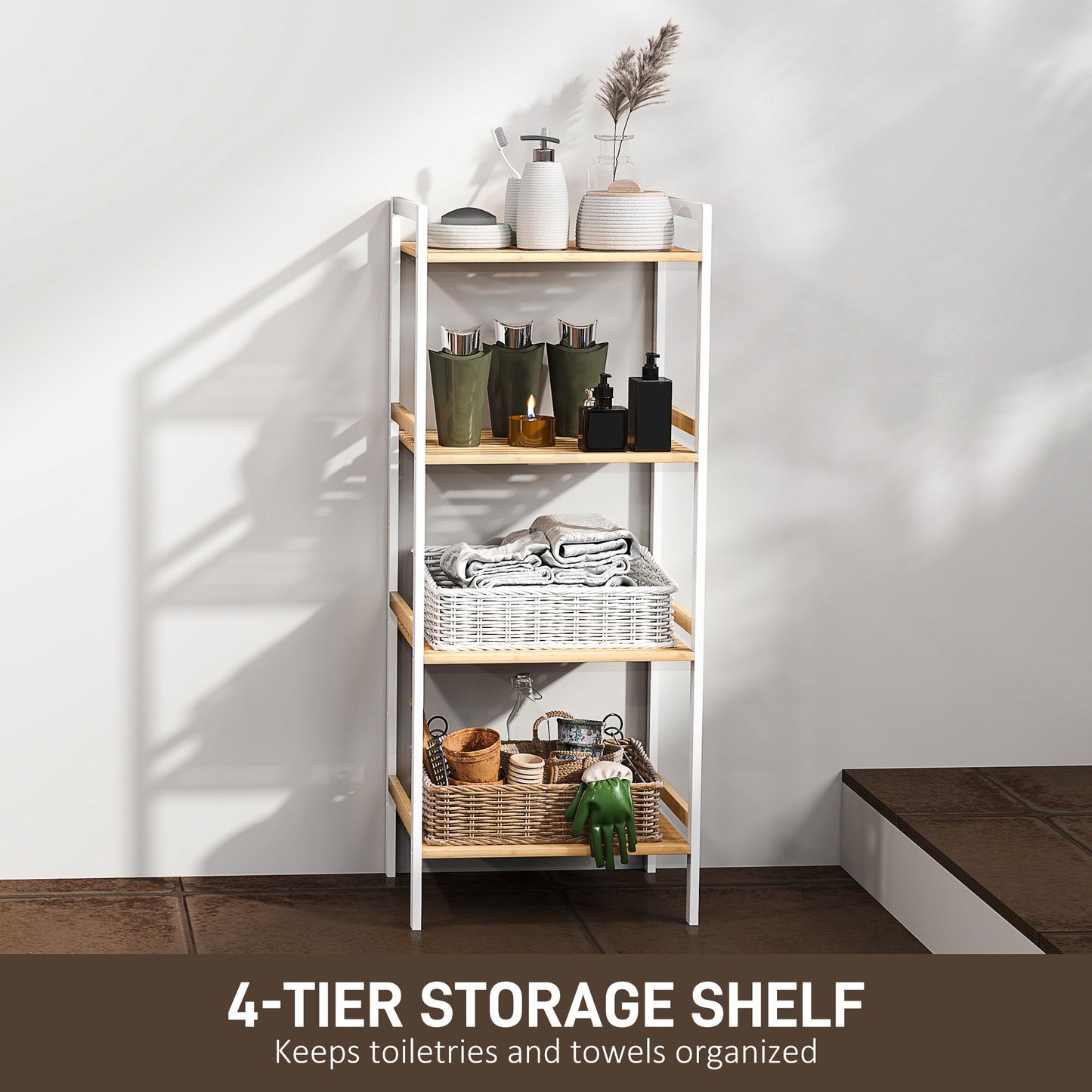 HOMCOM Four-Tier Bamboo Adjustable Shelf Storage Unit - White