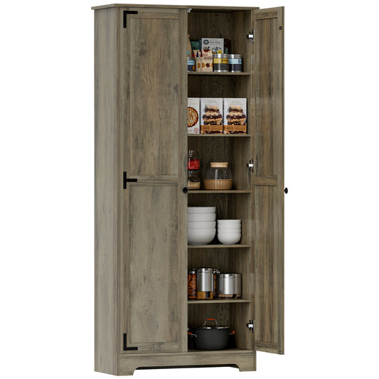 HOMCOM Farmhouse Kitchen Cupboard, Freestanding Storage Cabinet with Adjustable Shelves and Recessed Doors, Grey Wood-Effect