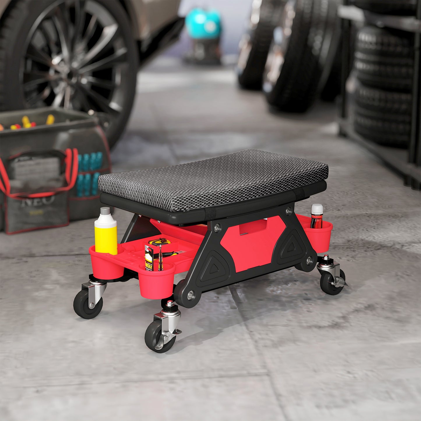 HOMCOM Rolling Mechanic Stool, 135kg Capacity, 360° Swivel, Padded Creeper Seat with Wheels, Tool Trays & Drawer for Garage, Auto Repair, Black