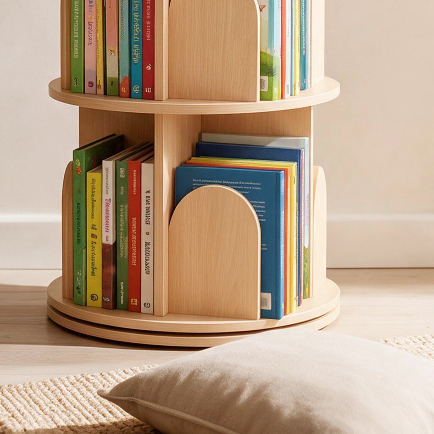 AIYAPLAY 3-Tier Rotating Bookcase, Round Kids Bookshelf Floor Standing 360° Rotating for Bedroom, Kids Room and Playroom, Natural
