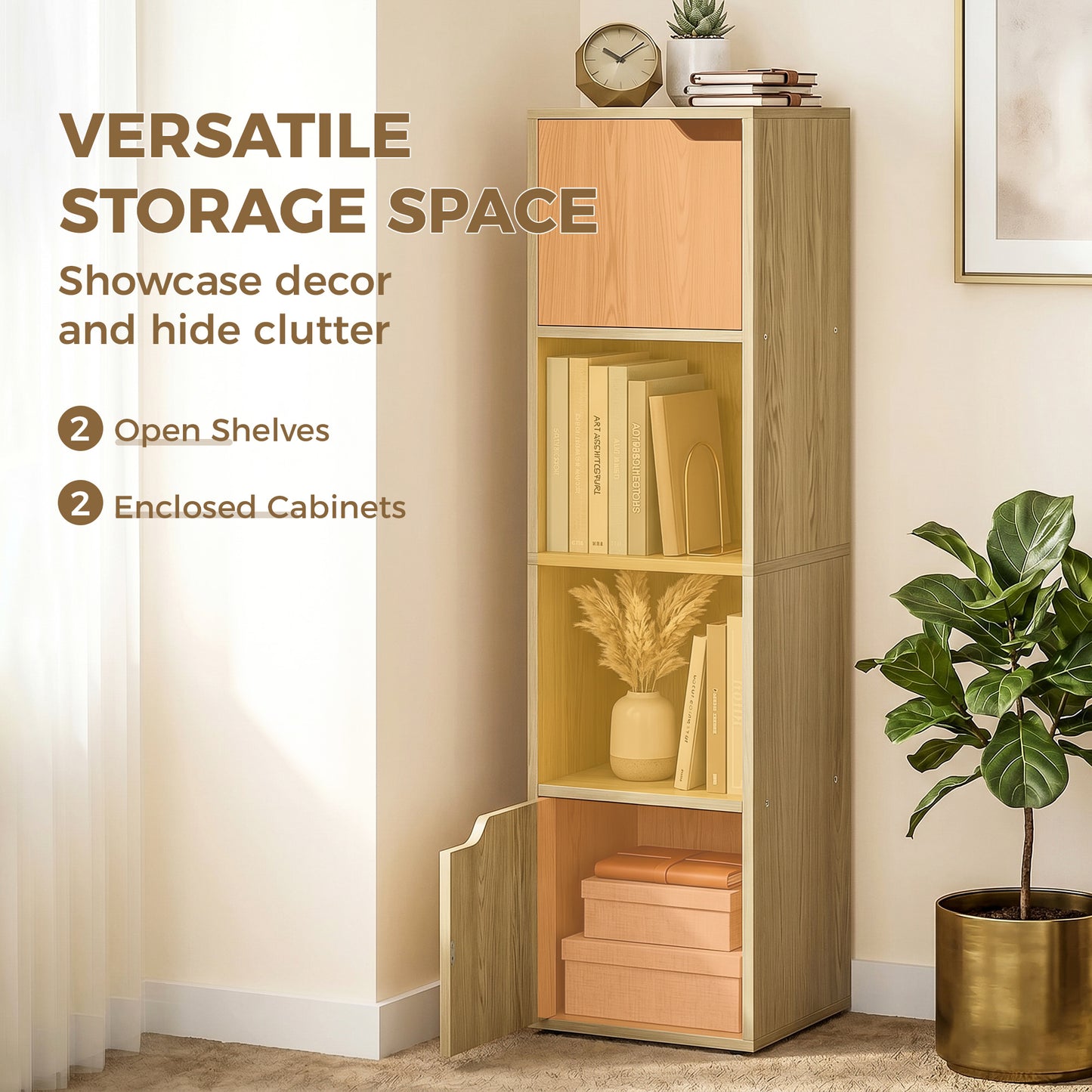 HOMCOM Narrow Bookcase, 4-Tier Bookshelf, Storage Cabinet with doors for Living Room, Bedroom, Oak