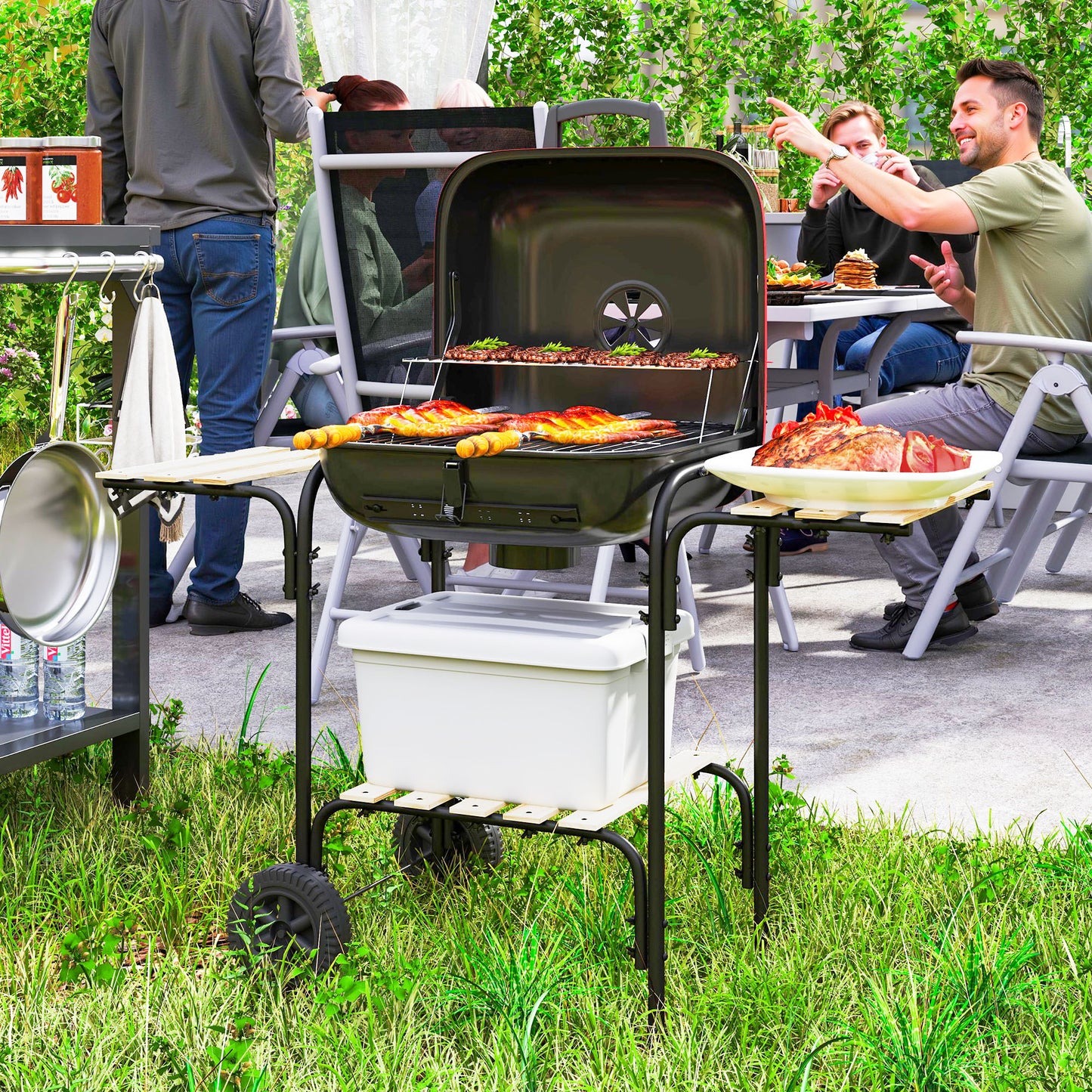 Outsunny Portable Charcoal BBQ Grill, 1840 cm² Cooking Area, 3 Shelves, Adjustable Vent, Lockable Lid, Wheels, Outdoor, Red