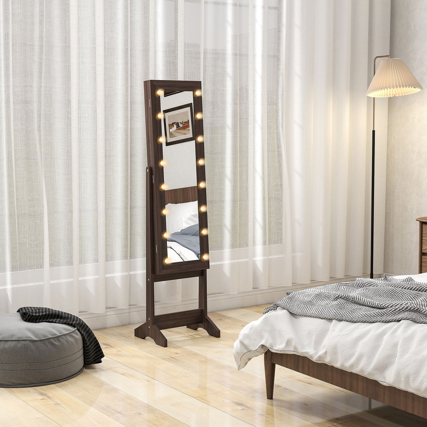 HOMCOM Freestanding Mirror Jewelry Cabinet with LED Lights, Adjustable Angles, Storage for Earrings, Necklaces, Rings, Lipsticks, Dark Brown