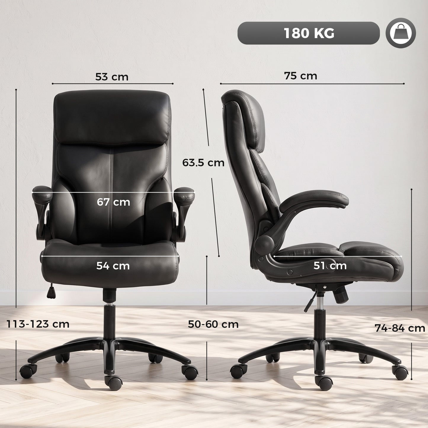 HOMCOM Office Chair, 180kg Heavy Duty PU Leather Computer Desk Chair with Flip-Up Armrests, Wide Seat, Spring Cushion, Black