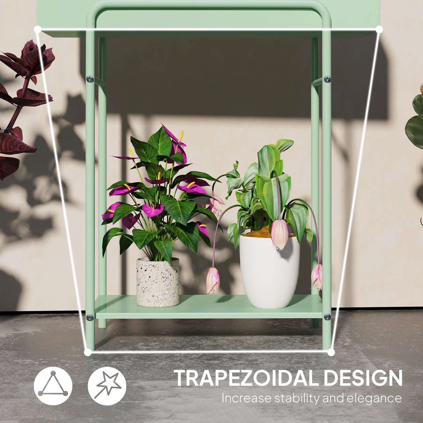 Outsunny 2 Tier Metal Plant Stand, Floor-standing Flower Pot Rack with Drain Holes for Indoor/Outdoor Use, Green