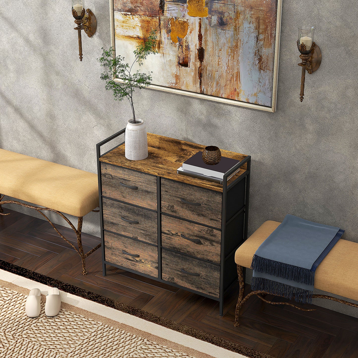 HOMCOM Rustic Chest of Six Fabric Drawers - Brown Wood Effect
