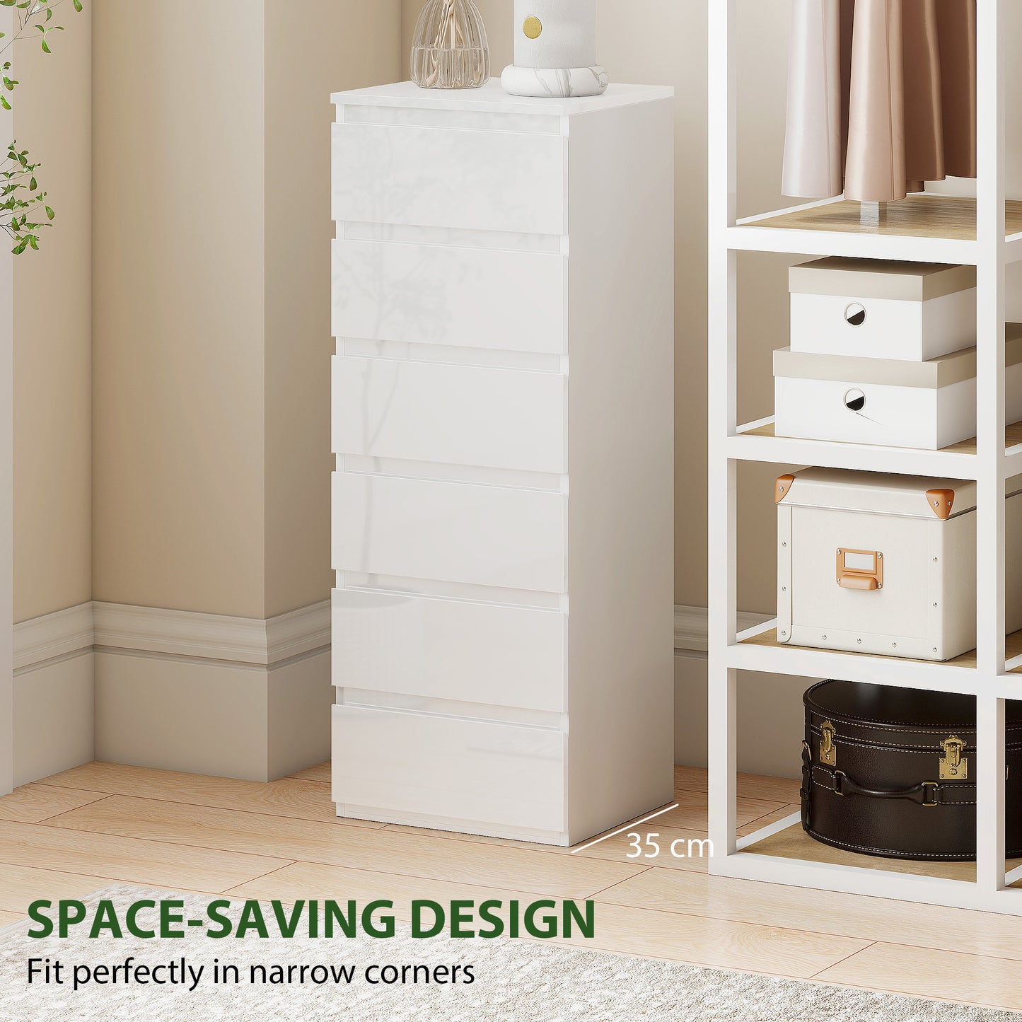 HOMCOM Chest of Drawers High Gloss Finish 6 Drawer Dresser Space Saving Slim Design Handle Free Drawers High-Gloss White