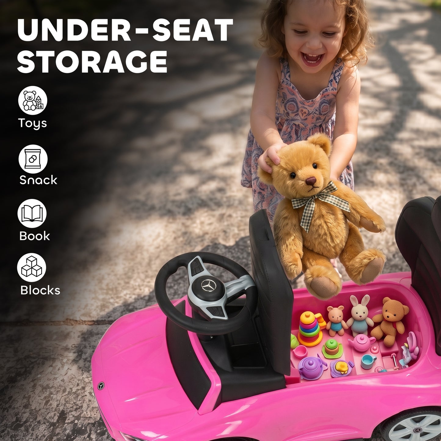 AIYAPLAY 4 in 1 Licensed Benz Ride on Push Car with Handle, Canopy, Guardrails, Horn, Music, Storage for 12-36 Months, Pink