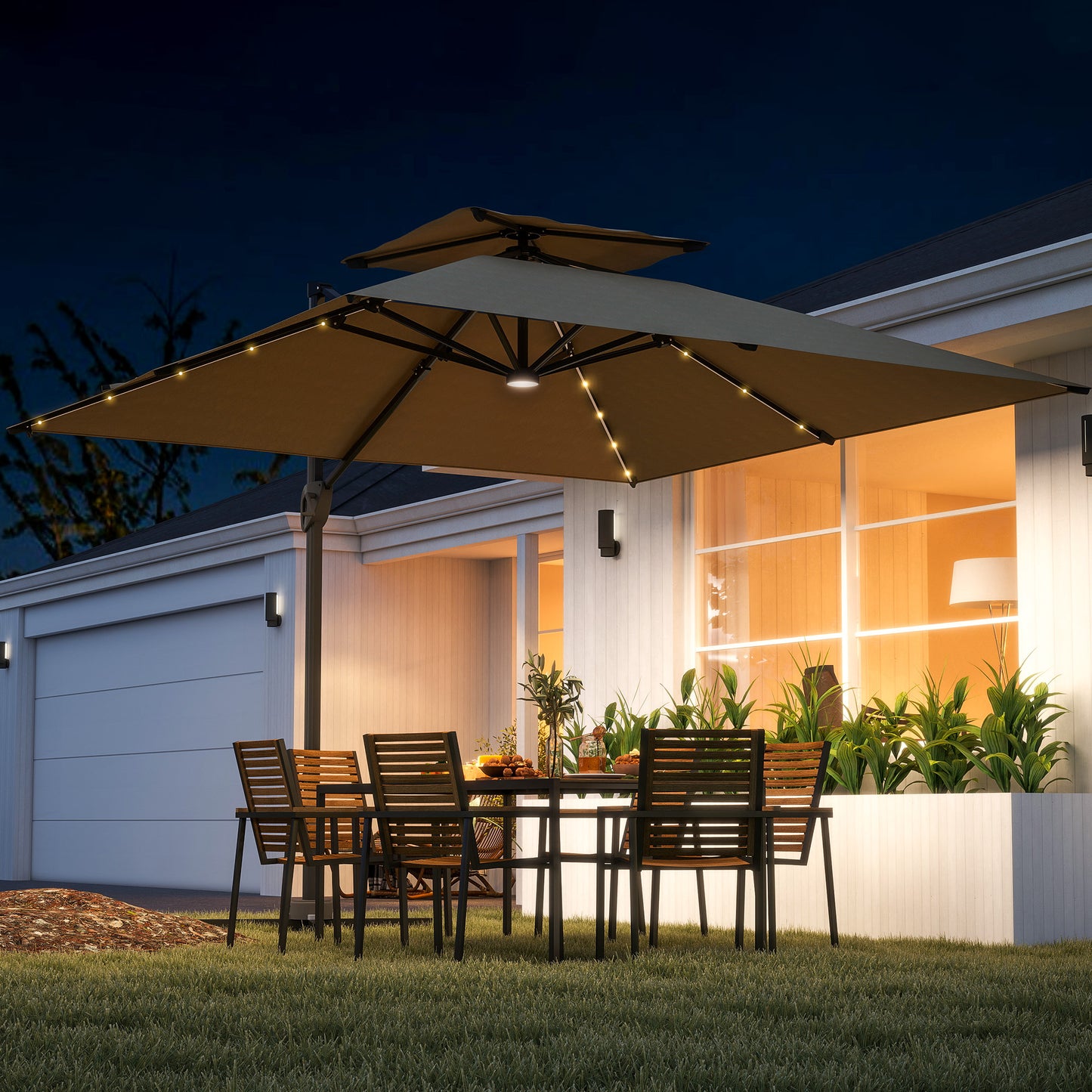 Outsunny Garden Cantilever Parasol, Solar LED, Centre Light, Aluminium, UPF50+ Sun Shade, Cross Base, Crank Tilt, 3.5x3m, Khaki