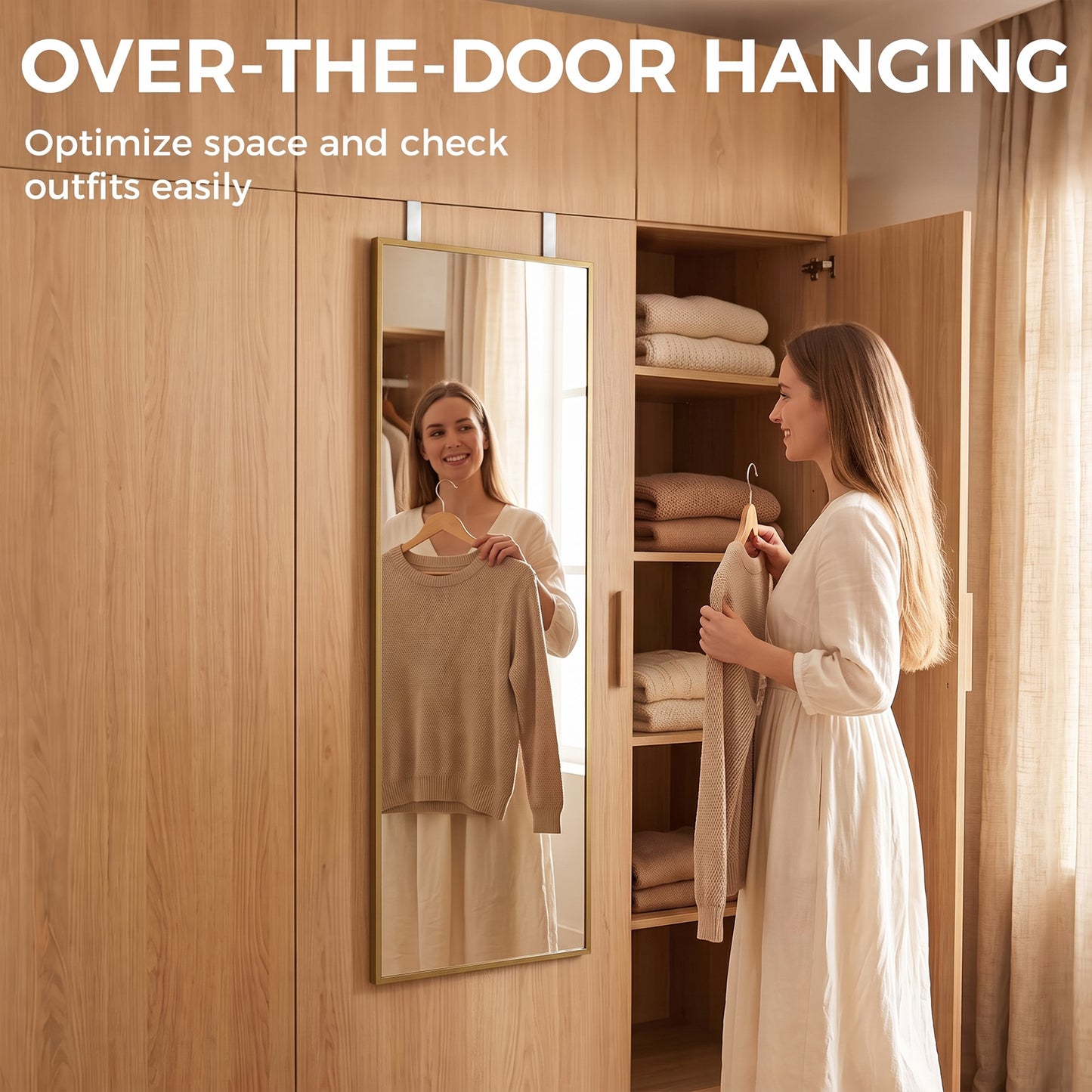 HOMCOM 40 x 110 cm Full Length Wall Mirror, Rectangular Mirror with Adjustable Hooks, Over the Door or Wall Mounted, Gold Tone