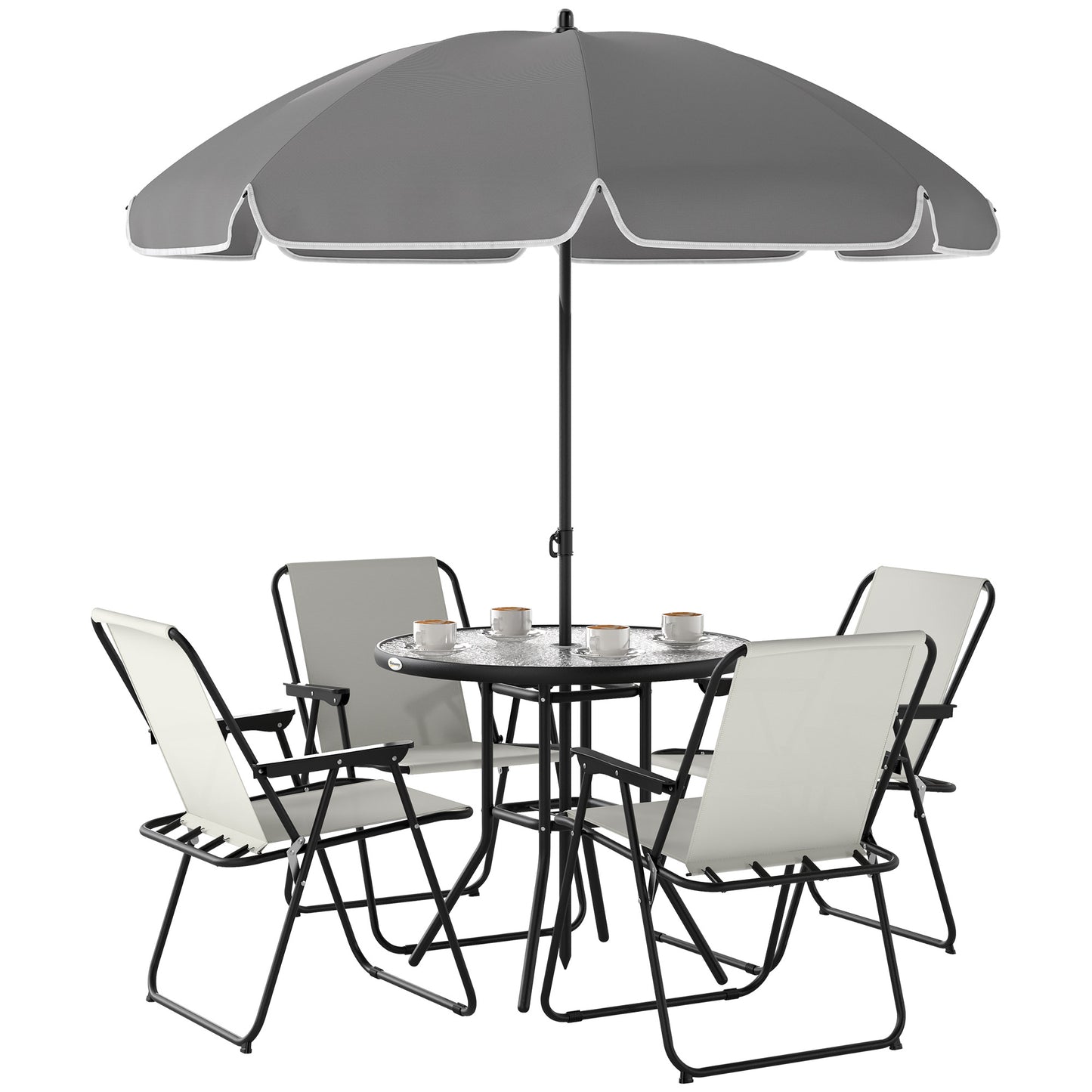 Outsunny 4 Seater Garden Furniture Set, 6 Pieces with Parasol, Folding Chairs & Glass Table, Cream White