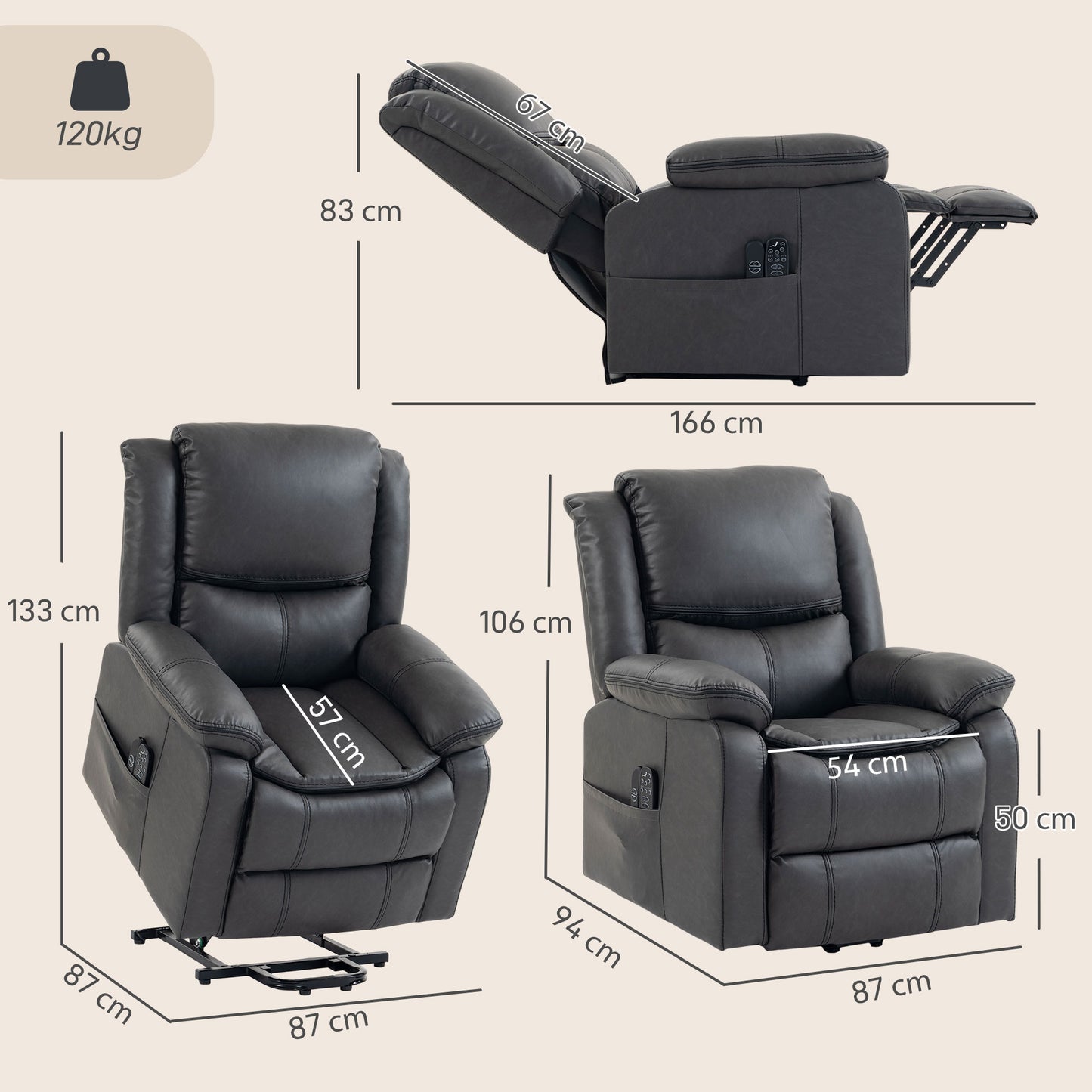 HOMCOM Riser Recliner Chair with Massage and Heat, PU Leather Power Electric Lift Armchair for Elderly, Charcoal Grey