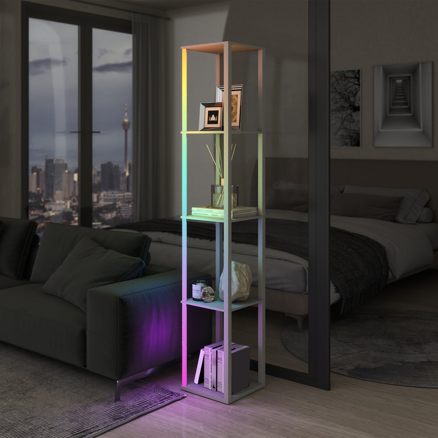 HOMCOM RGB LED Floor Lamp with Shelves, Modern Dimmable Standing Lamp, Remote Control, Adjustable Brightness & Speed for Living Room, Oak