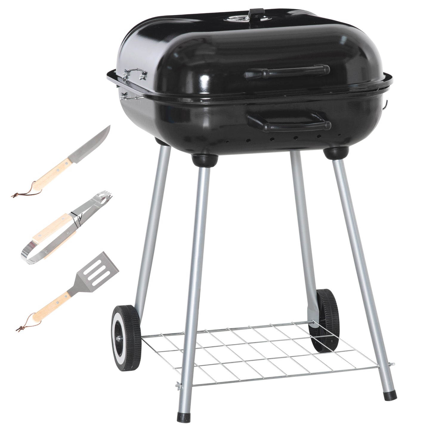 Outsunny Portable BBQ Charcoal Grill with 2 Wheels and Cooking Utensils, Smoker Grill with Lid for Outdoor Barbecues, Camping, Picnic, Courtyard