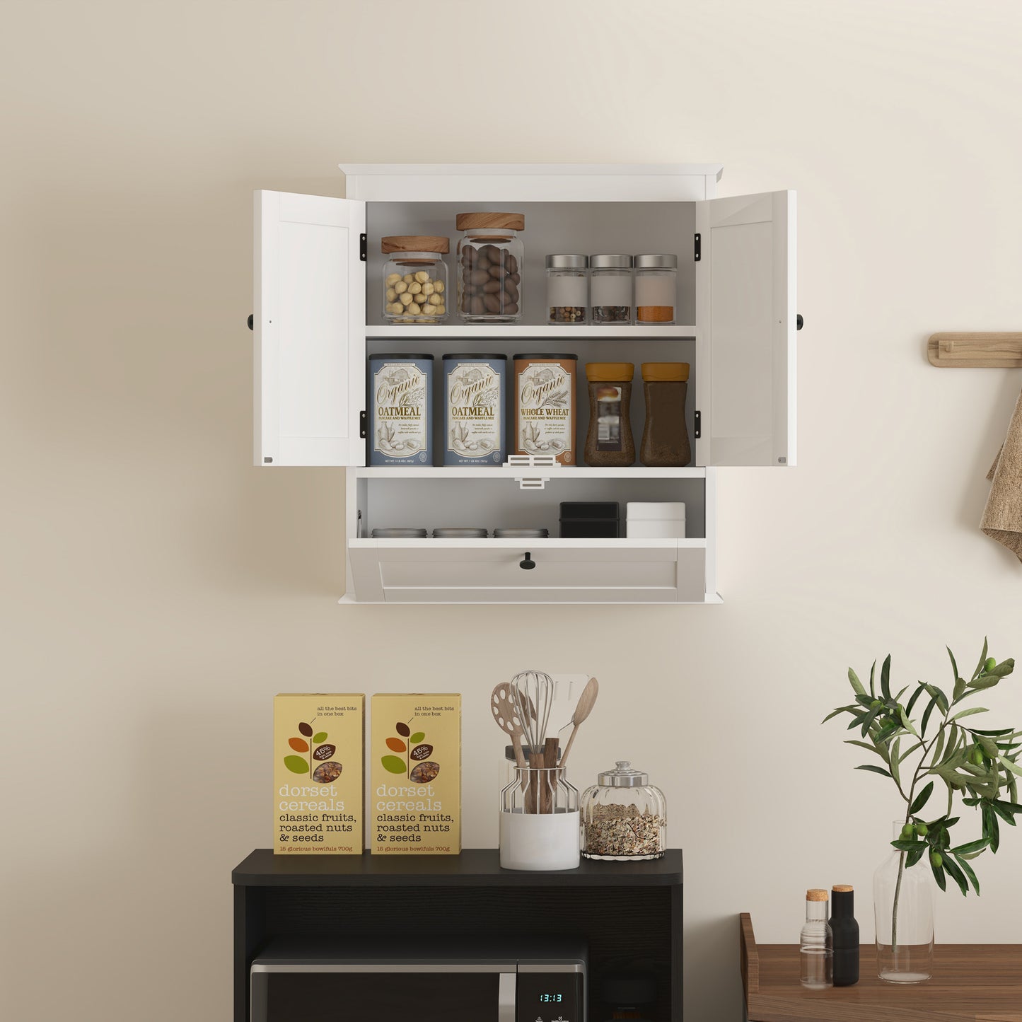 HOMCOM Bathroom Wall Cabinet with Adjustable Shelf and Recessed Doors, White