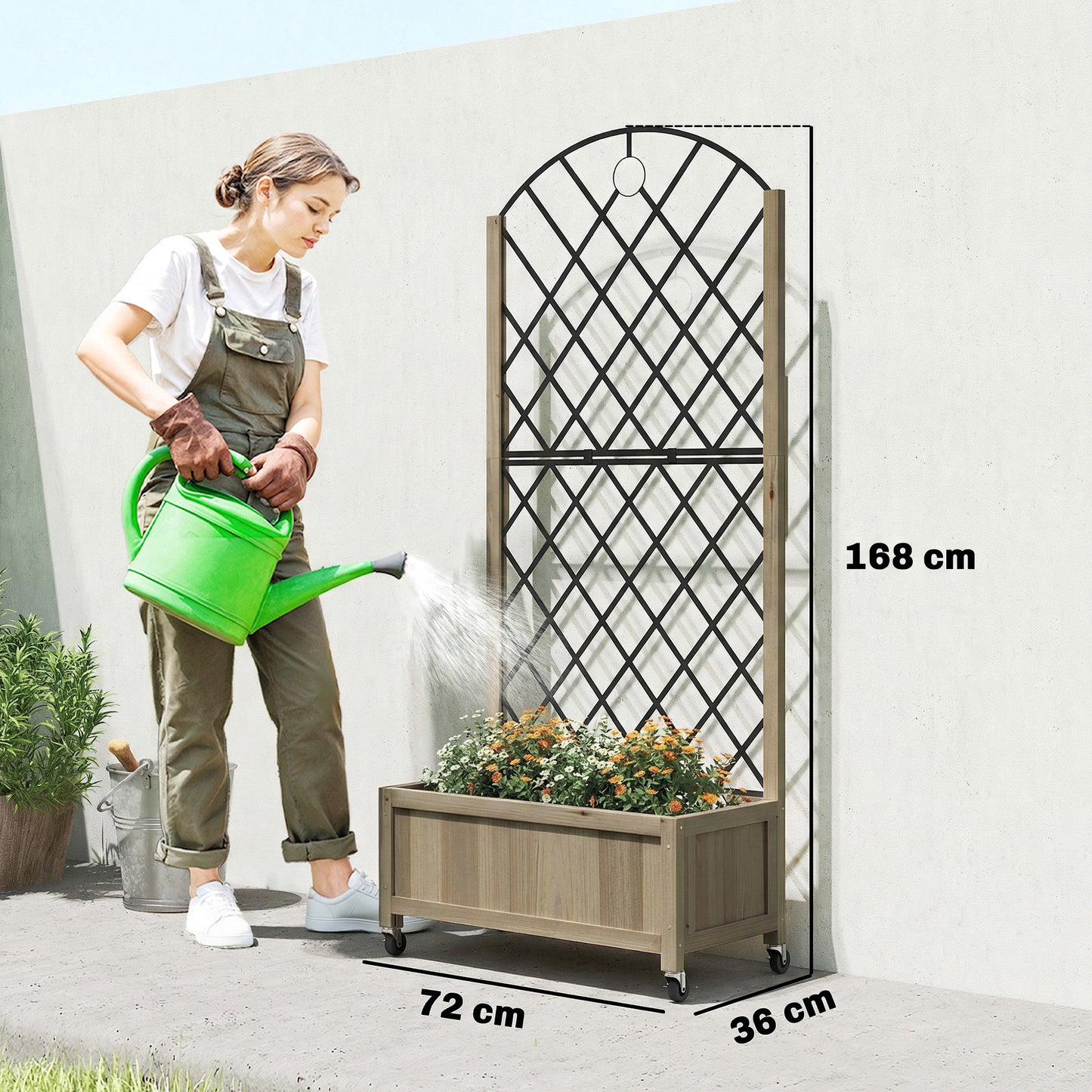 Outsunny Raised Garden Bed with Metal Trellis, Wooden Elevated Planter Box w/Lockable Wheels, Outdoor Raised Planter, Carbonised