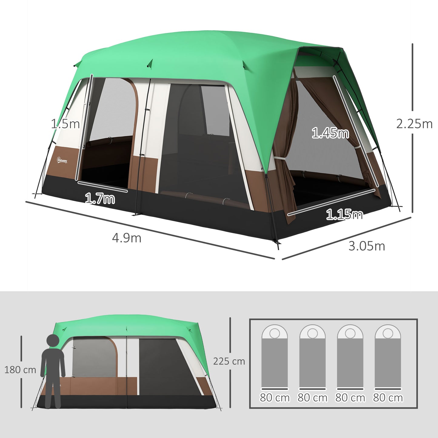 Outsunny Seven-Man Camping Tent with Small Rainfly and Accessories - Green