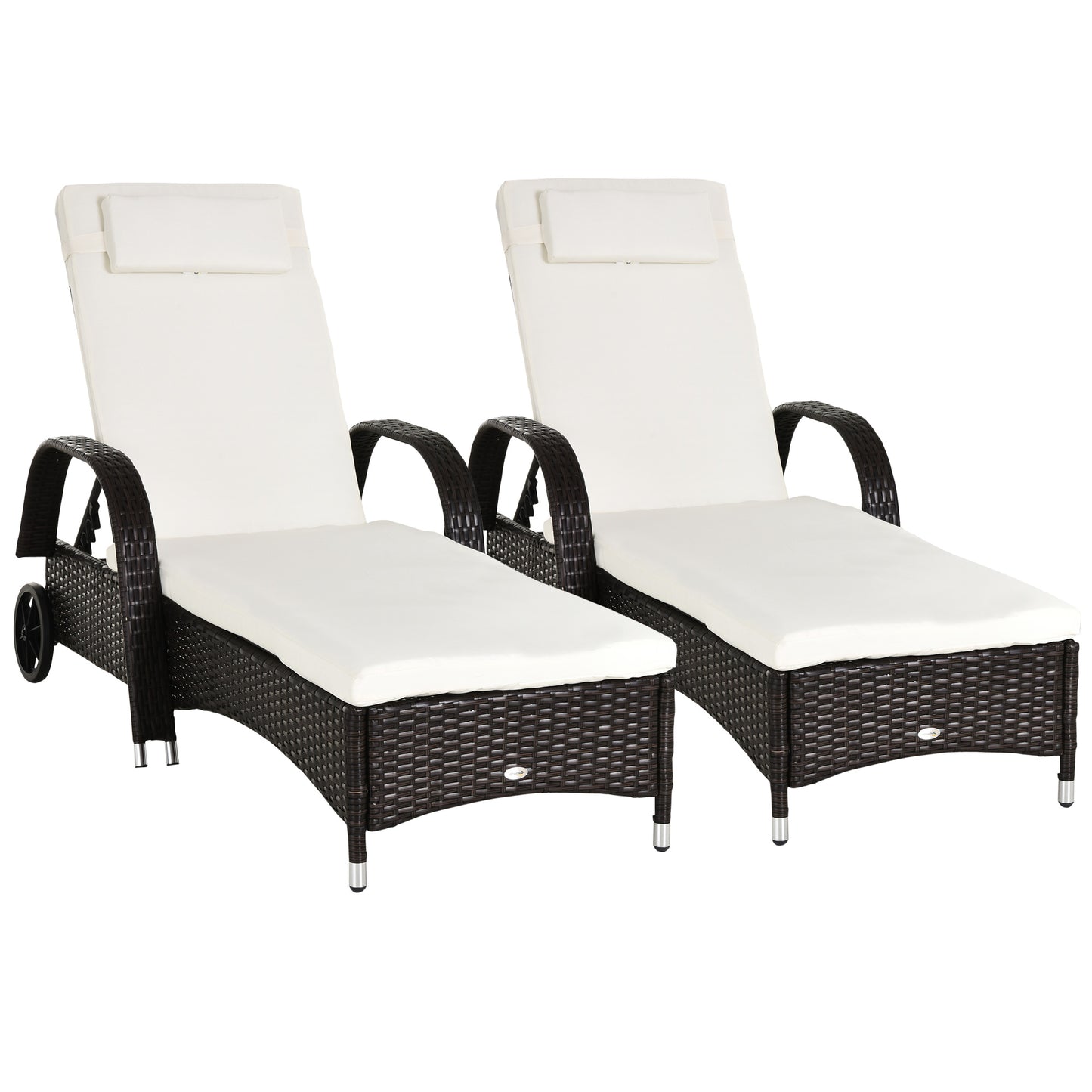 Outsunny Rattan Sun Lounger Recliner Chair Set, Wicker Weave, Adjustable with Fire Retardant Cushions for Patio/Garden - Brown