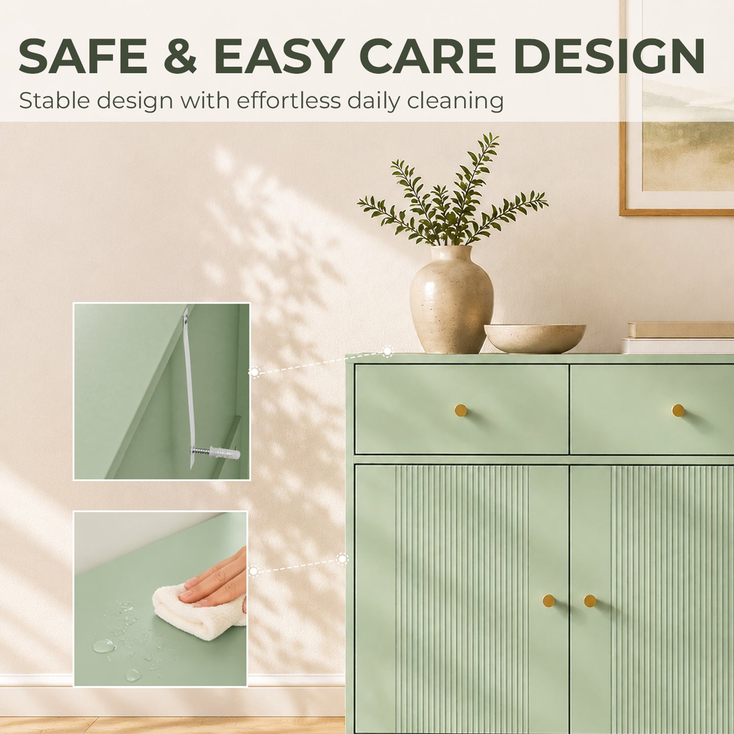 HOMCOM Modern Sideboard, Sideboard Storage Cabinet with 2 Drawers and Adjustable Shelf for Living Room, Light Green