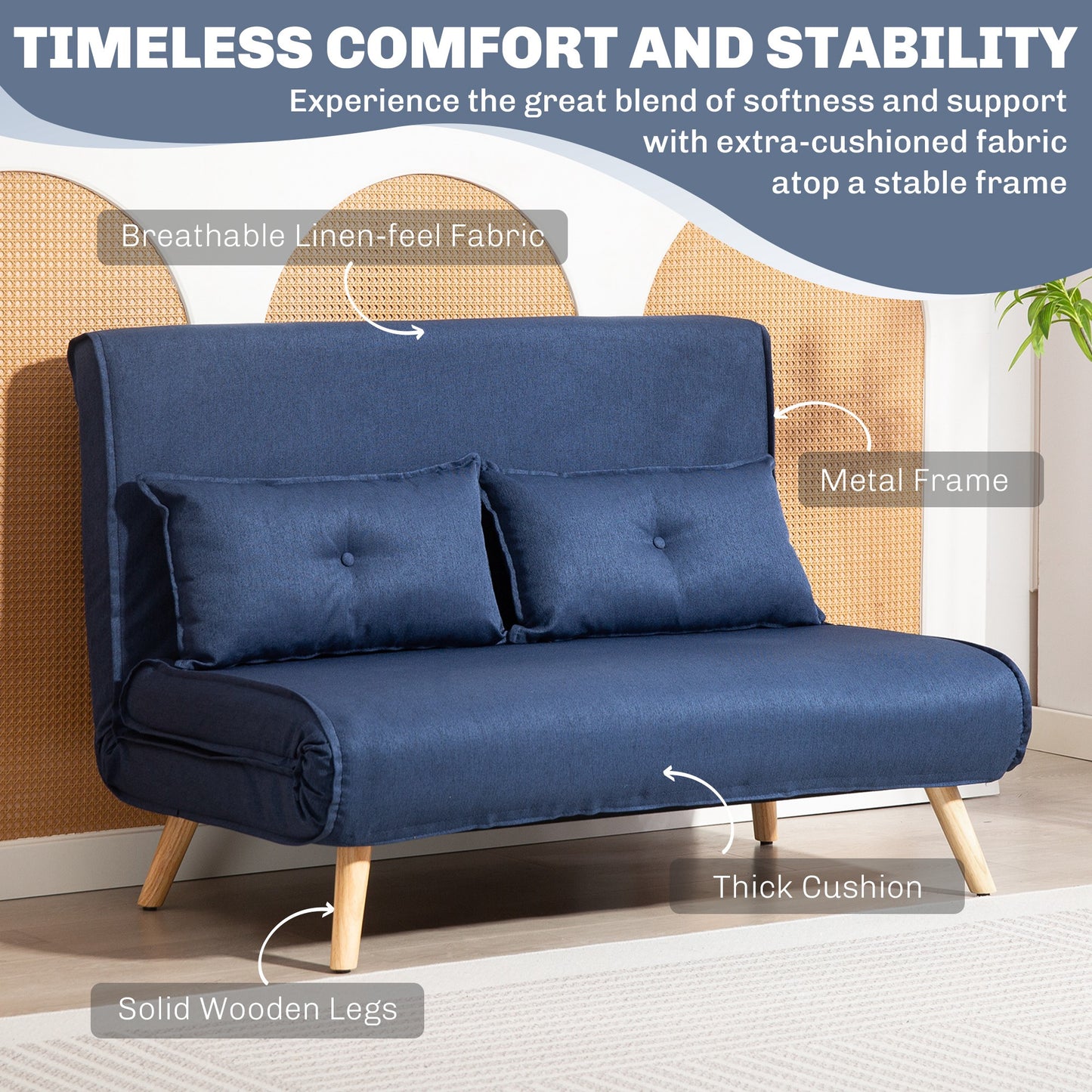 HOMCOM Two-Seater Linen-Look Sofa Bed - Dark Blue