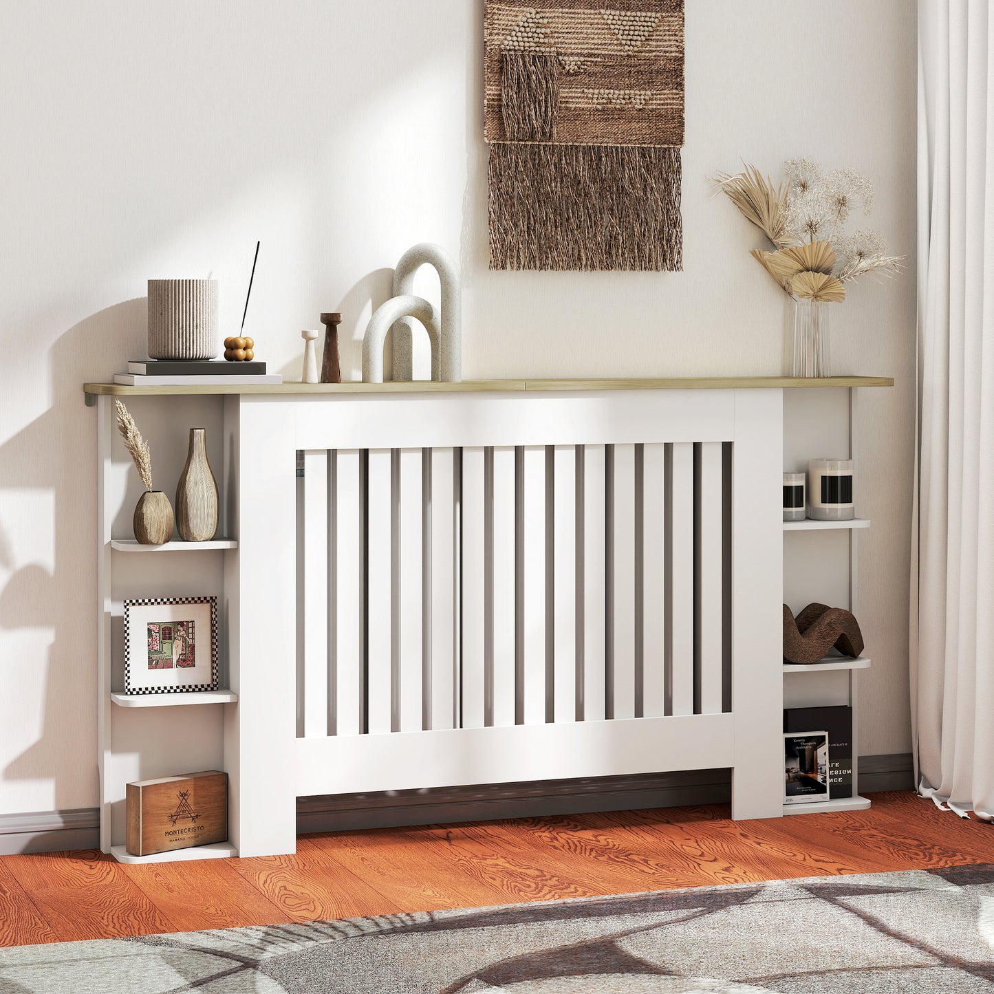 HOMCOM Radiator Cover with Storage Shelves, Vertical Slatted Design, Large, Living Room/ Hallway Cabinet, White (H: 83 / W: 152 / D: 19 cm)