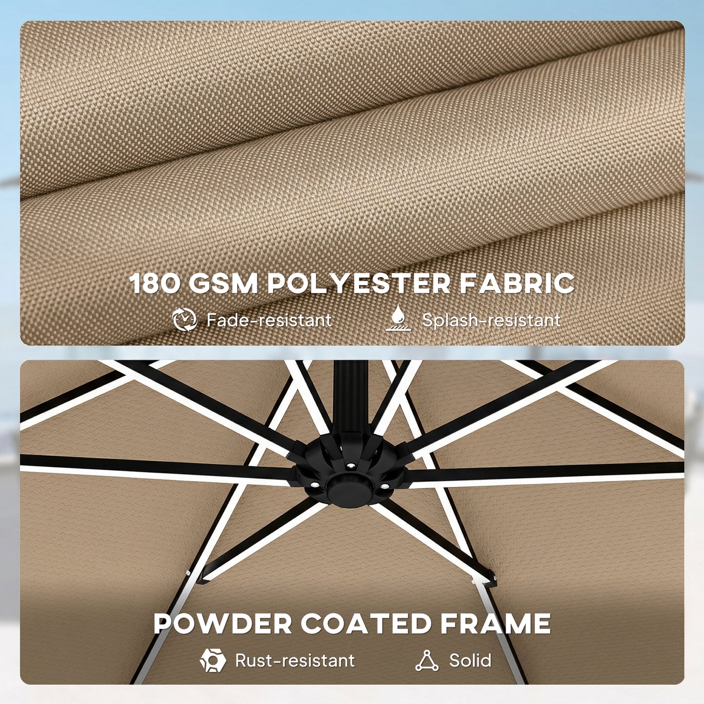 Outsunny 3 m Garden Cantilever Parasol with LED Solar Light, Round Overhanging Umbrella with 360° Rotation, Cover, Khaki