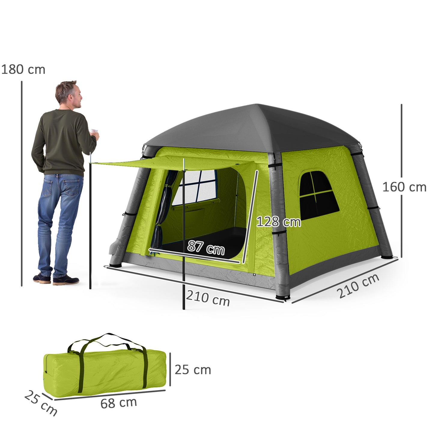 Outsunny Inflatable Camping Tent w/ Hand Pump, Easy Setup for 1-2 People, Waterproof & Windproof with Mesh Windows, Doors & Carry Bag, Green/Brown