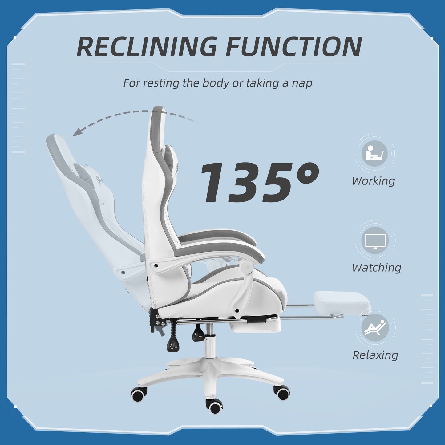 Vinsetto Racing Gaming Chair, Reclining PU Leather Computer Chair with 360 Degree Swivel Seat, Footrest, Removable Headrest and Lumber Support, White and Grey