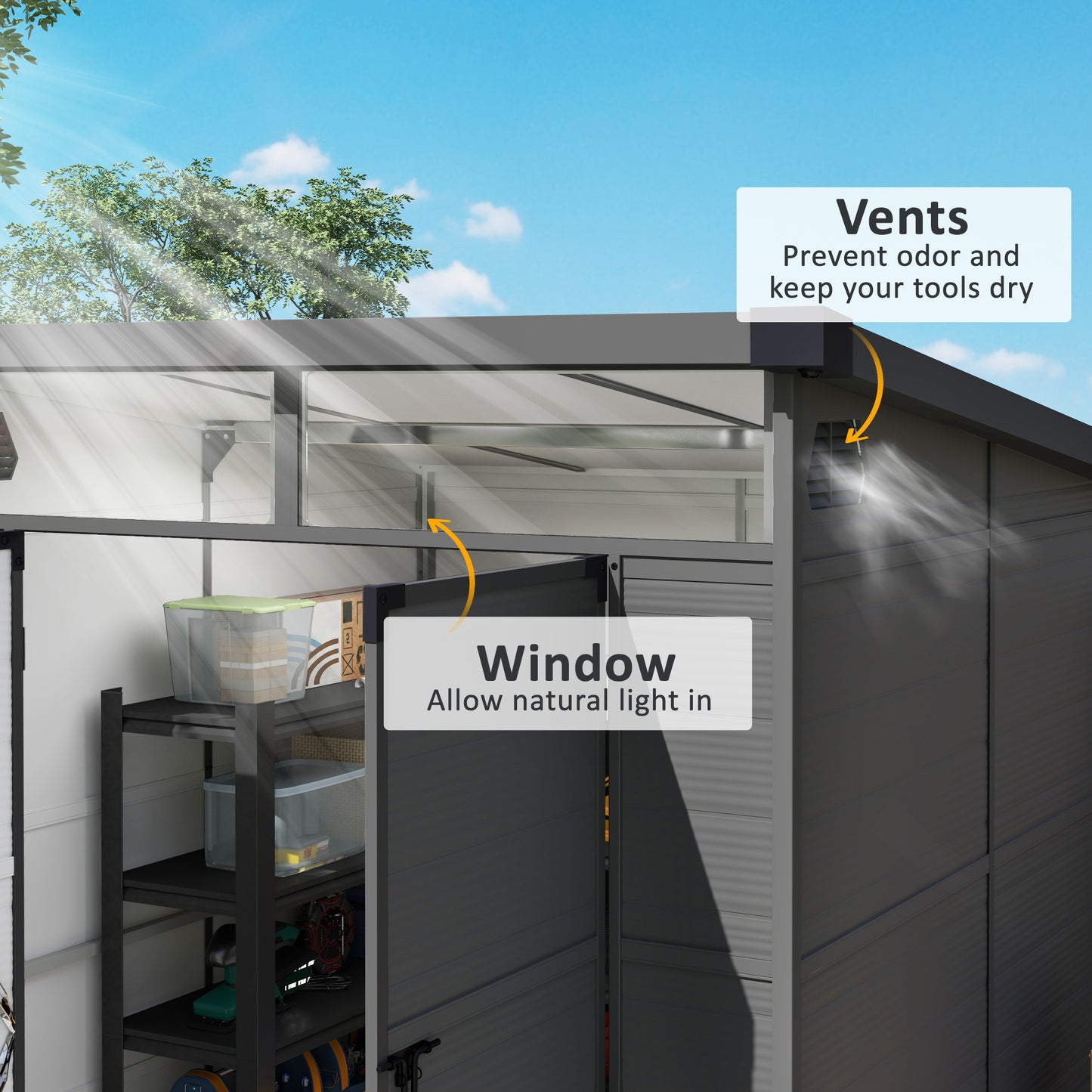 Outsunny 6x6ft Outdoor Storage Shed, Plastic Garden Shed w/ Windows, Air Vents & Latch Doors, Dark Grey
