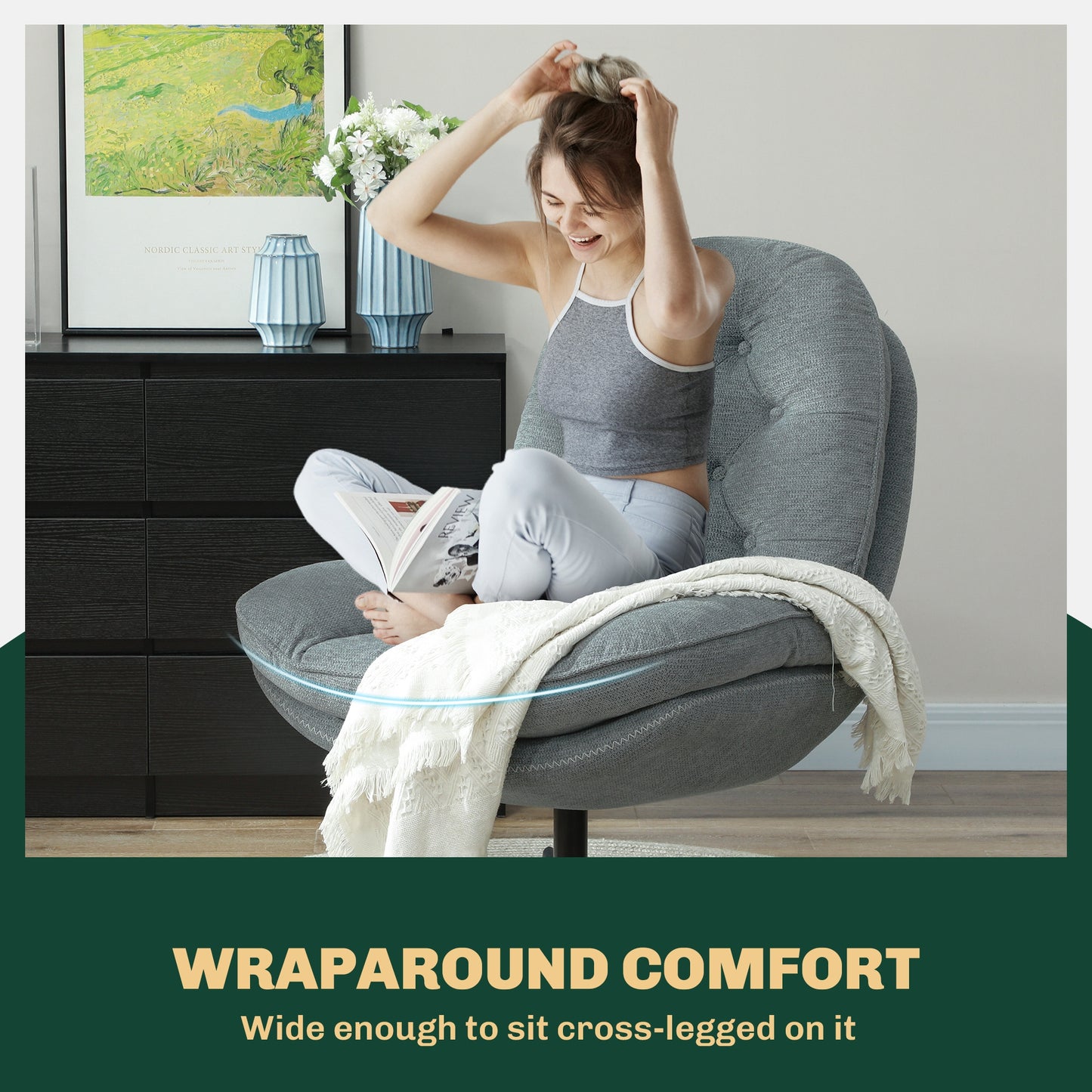 HOMCOM Swivel Armchair with Padded Seat, Water-Repellent Chenille Fabric, Grey