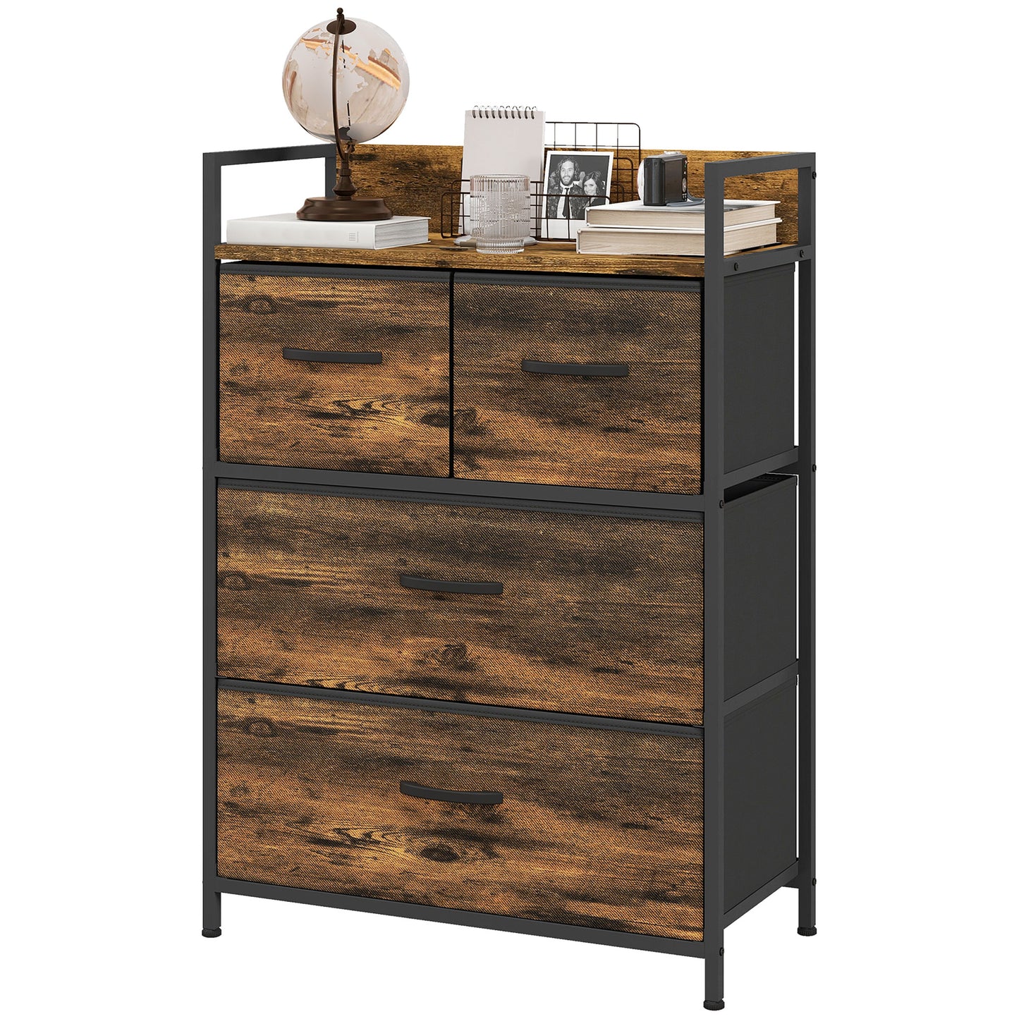 HOMCOM Rustic Chest of Four Fabric Drawers - Brown Wood Effect