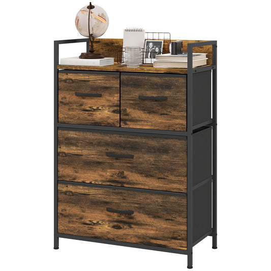 HOMCOM Rustic Chest of Four Fabric Drawers - Brown Wood Effect