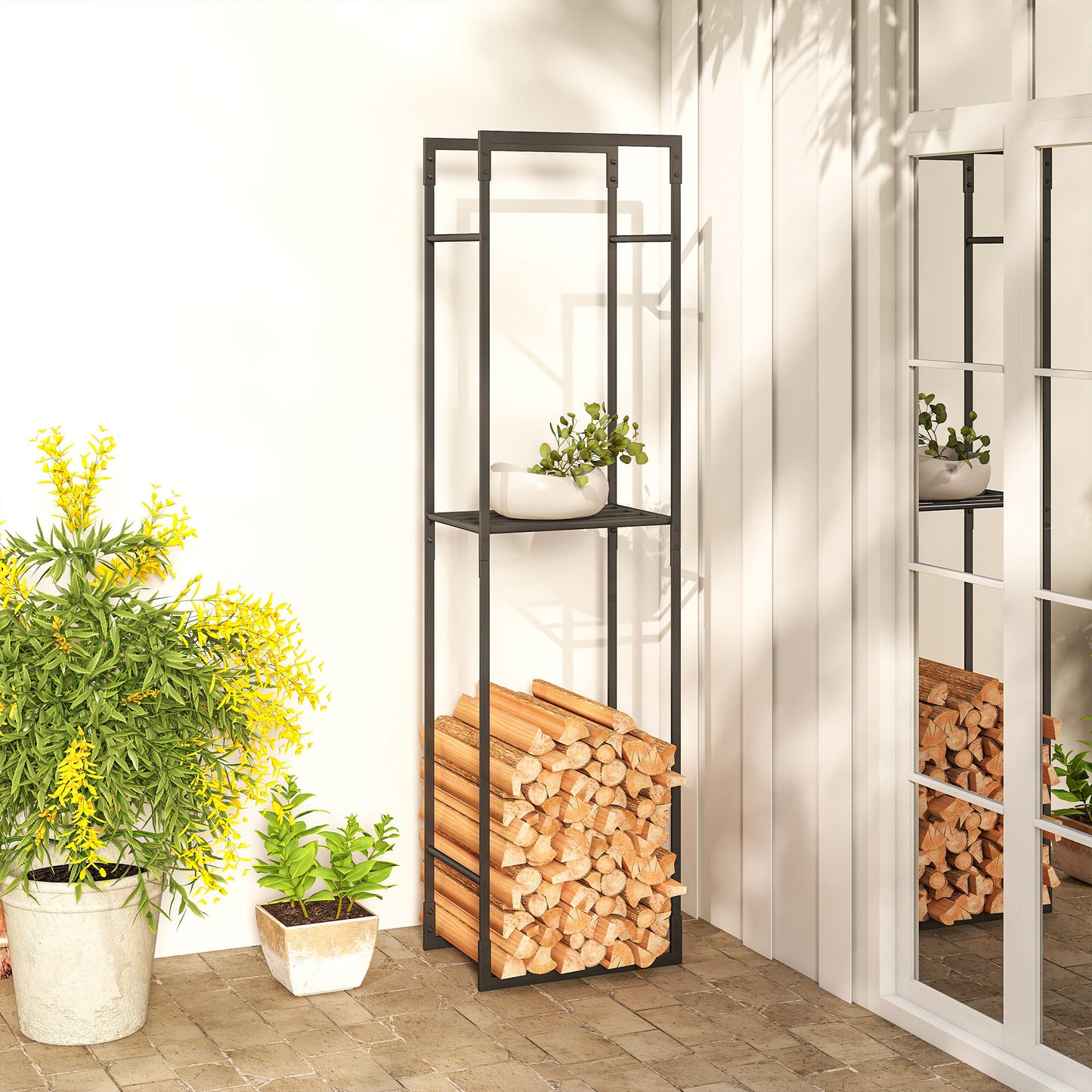 Outsunny Metal Firewood Log Holder, Heavy Duty Rack with Adjustable Shelf for Indoor/Outdoor, 45x31x170 cm, Black