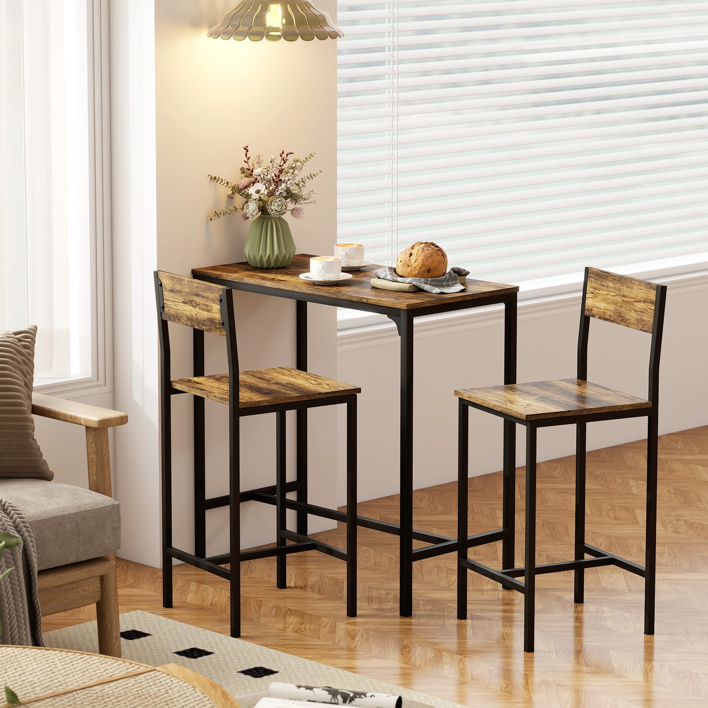 HOMCOM 3-Piece Bar Table Set with 2 Stools, Industrial Breakfast Bar Set with Footrest, Backrest for Dining Room, Small Space