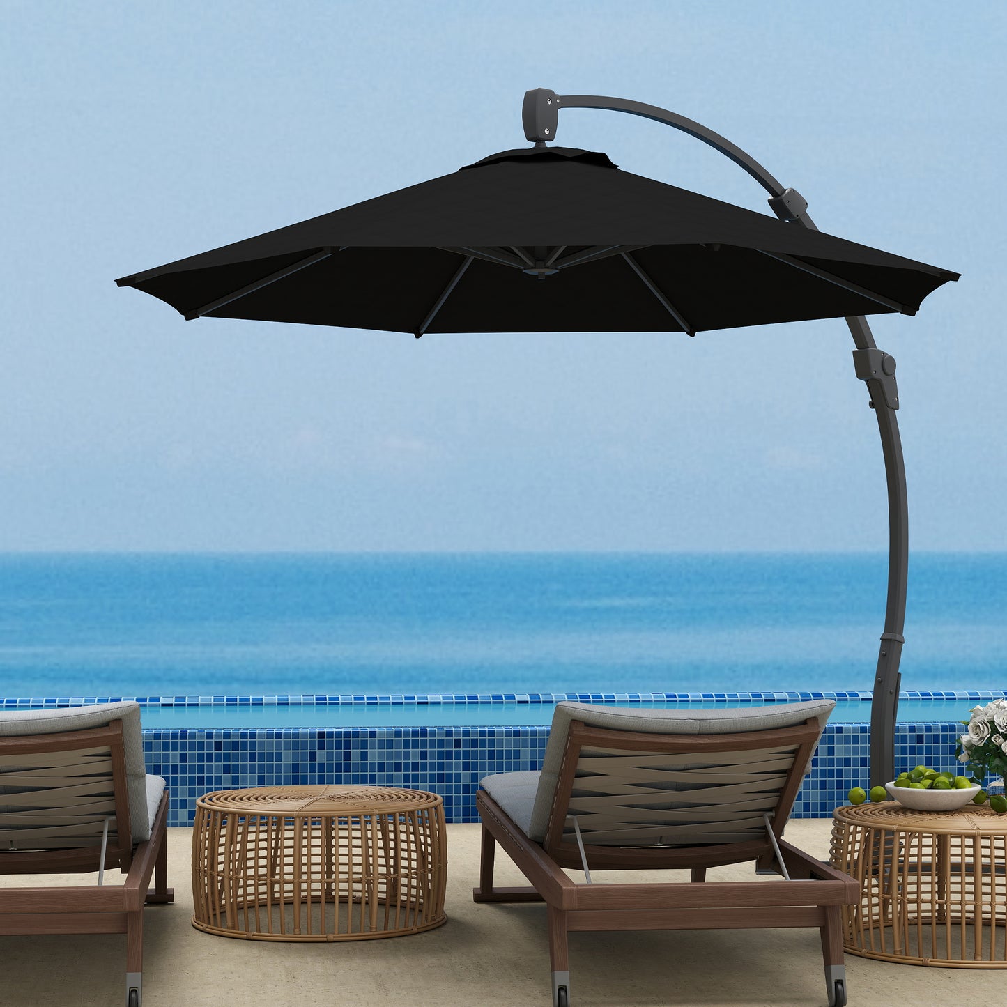 Outsunny 3m Garden Cantilever Parasol, Round Umbrella with Crank, Cross Base, Aluminum Frame, 360° Rotation, Patio Sun Shade, Black