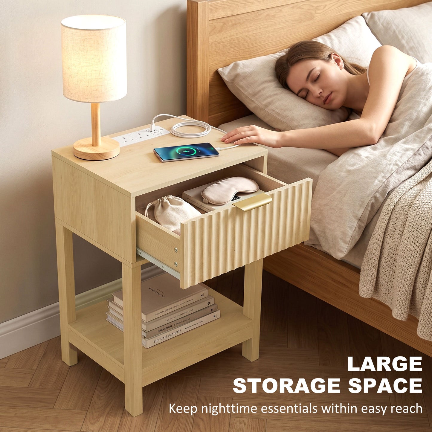 HOMCOM Modern Fluted Nightstand Set of 2, Bedside Table with Charging Station, Drawer and Open Shelf for Bedroom, Oak